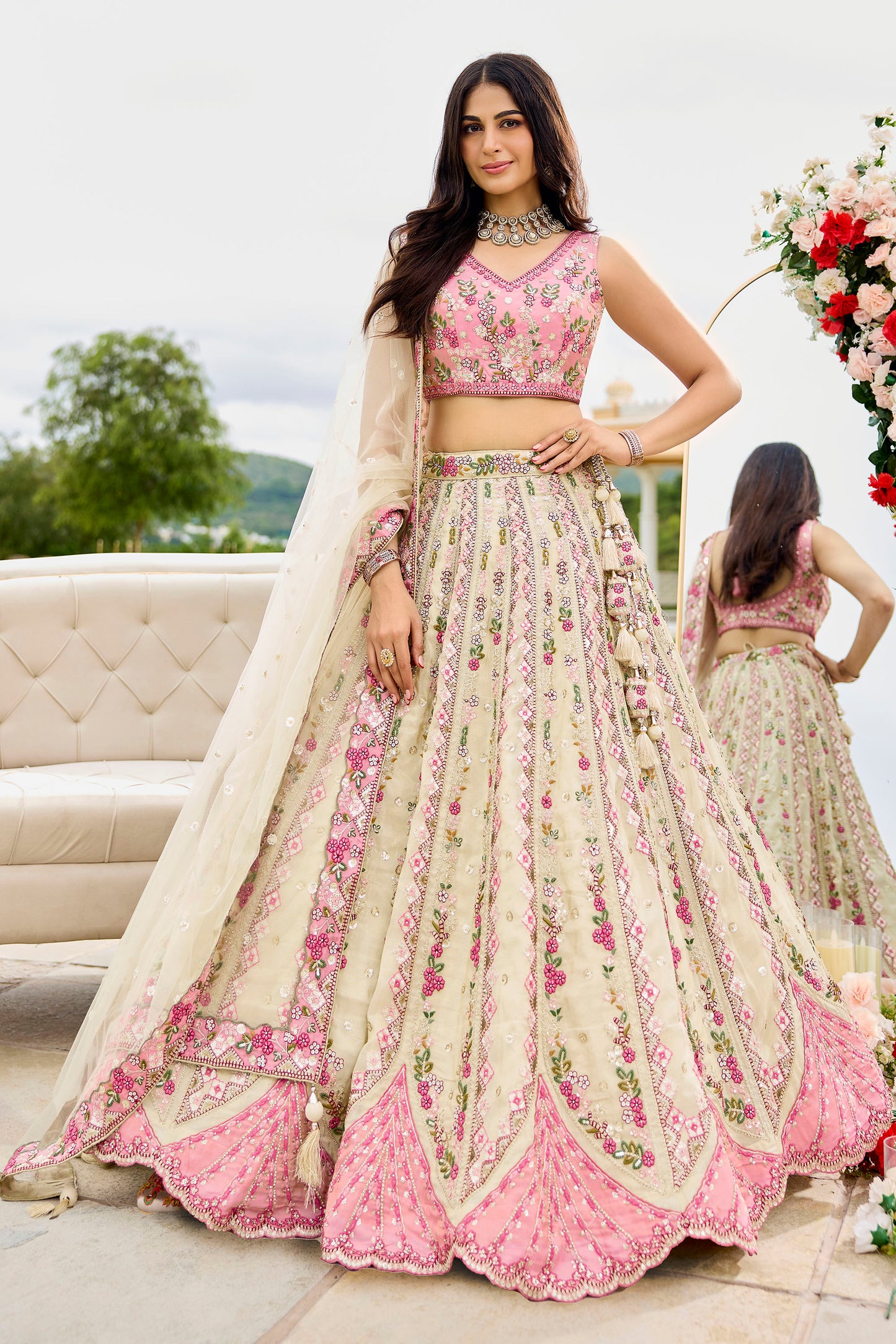 Cream Tissue Sequins Embroidery Engagement Lehenga for Bride
