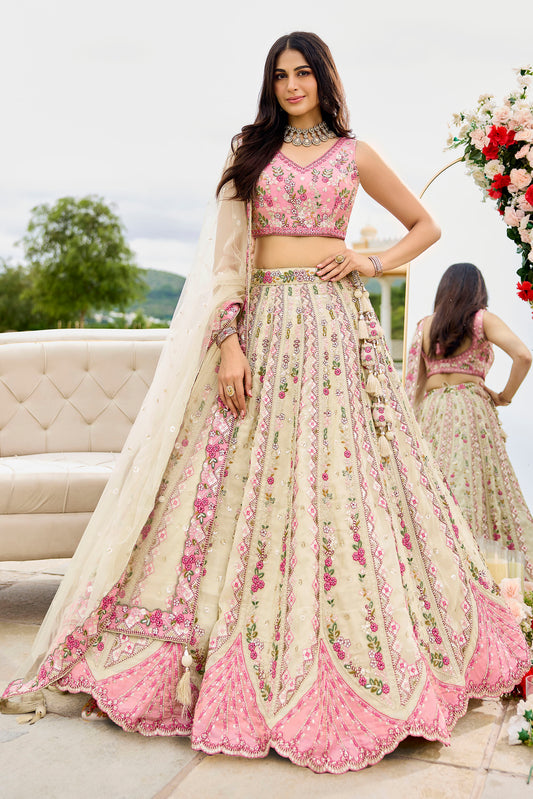 Cream Tissue Sequins Embroidery Engagement Lehenga for Bride