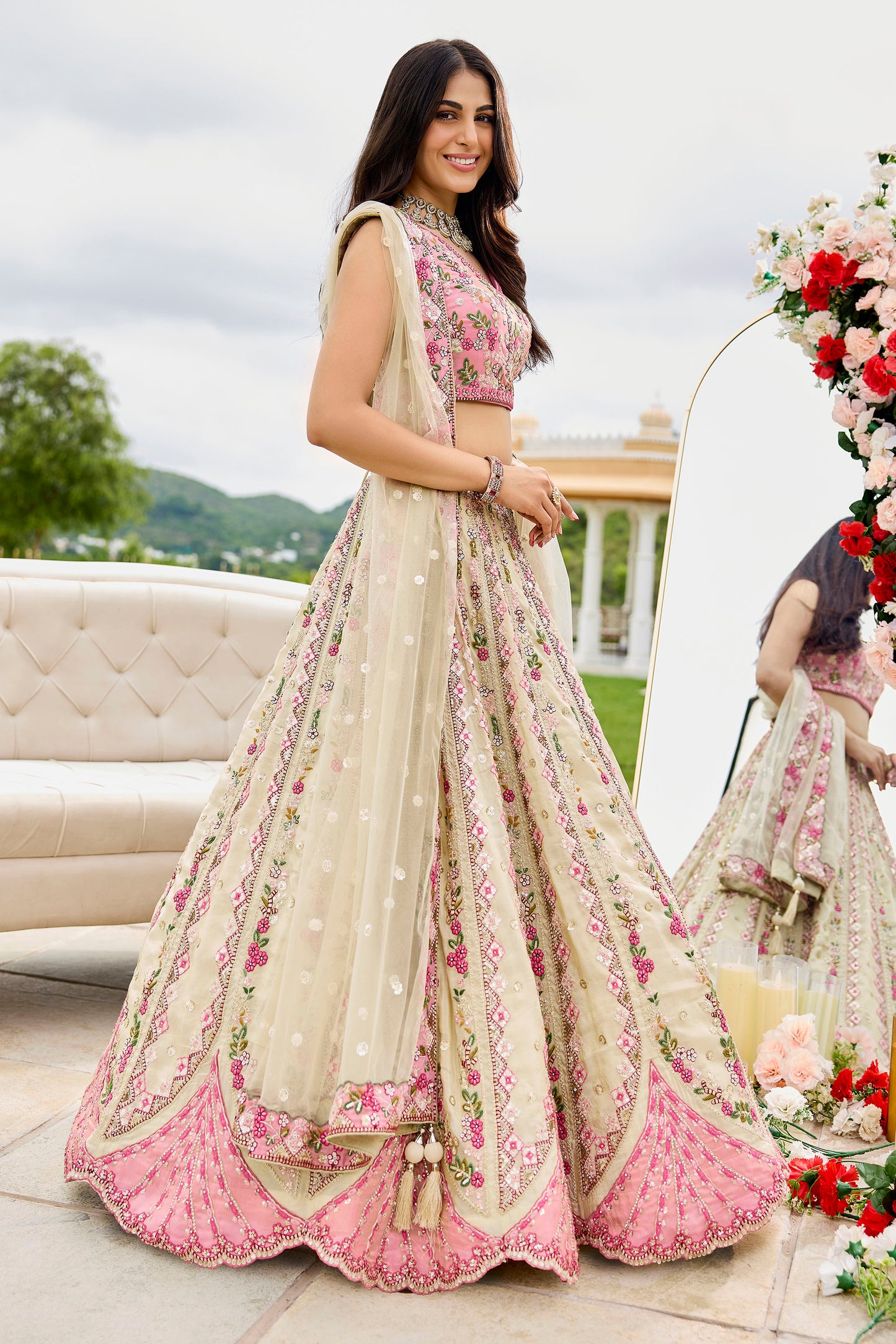 Cream Tissue Sequins Embroidery Engagement Lehenga for Bride