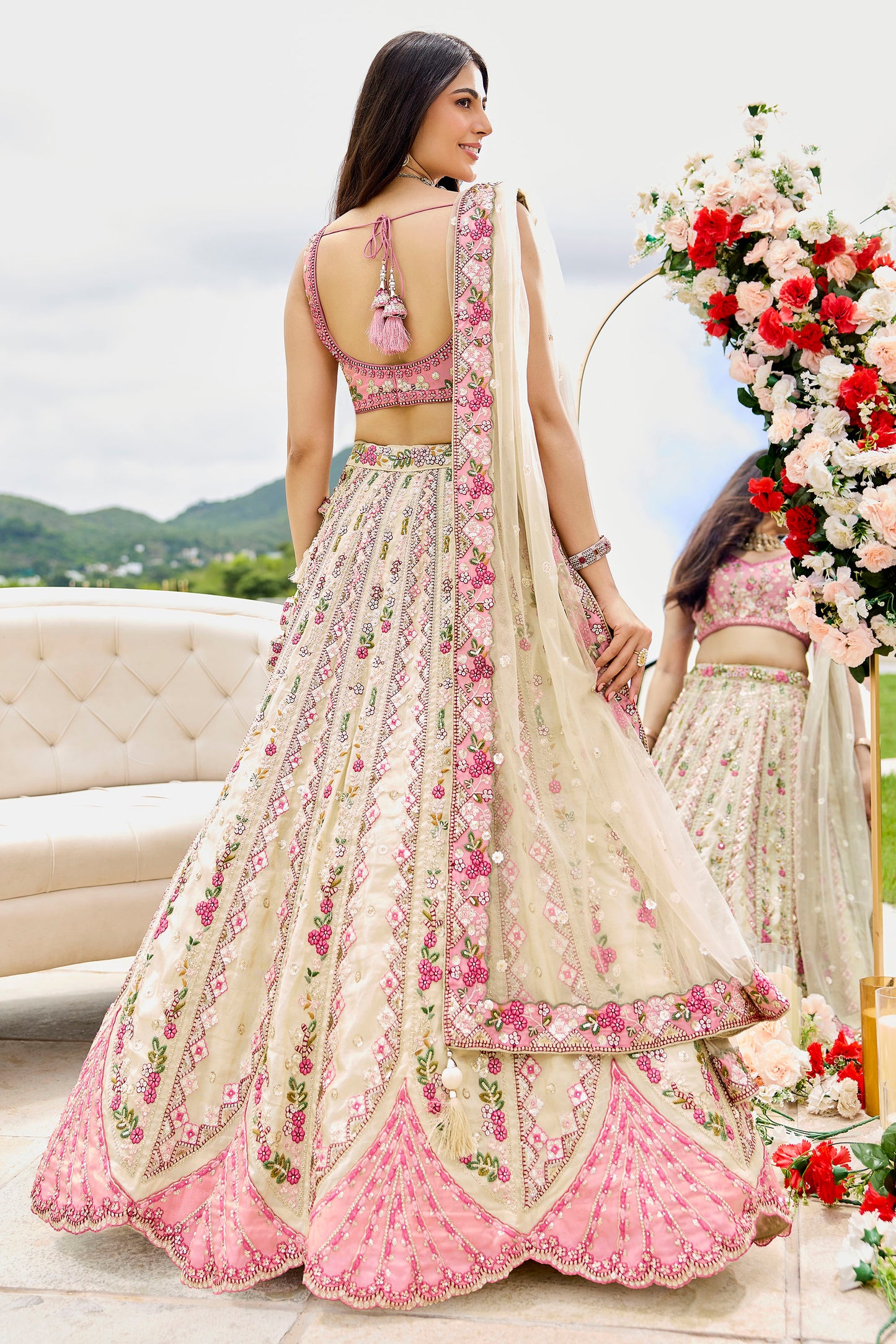 Cream Tissue Sequins Embroidery Engagement Lehenga for Bride