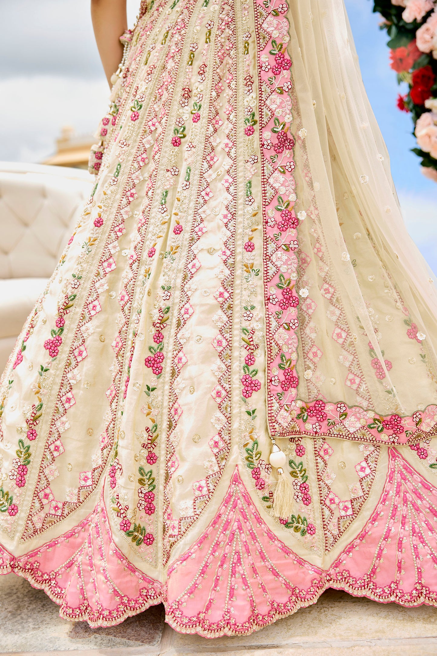 Cream Tissue Sequins Embroidery Engagement Lehenga for Bride