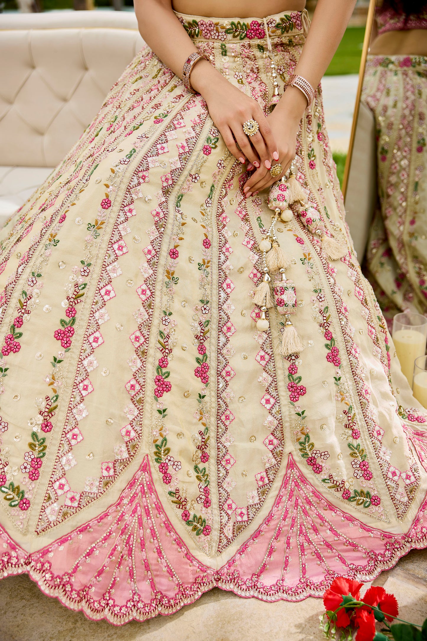Cream Tissue Sequins Embroidery Engagement Lehenga for Bride