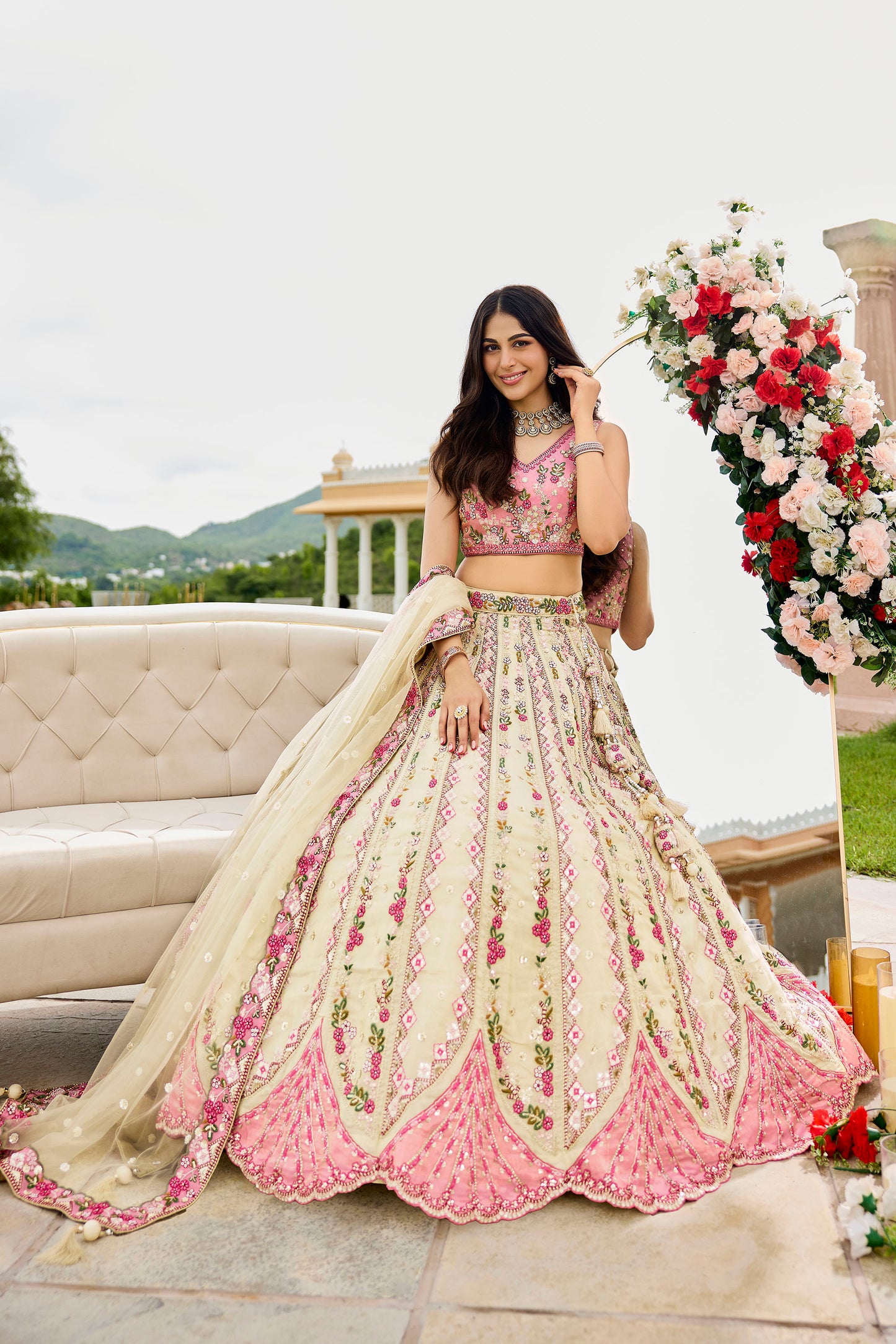 Cream Tissue Sequins Embroidery Engagement Lehenga for Bride