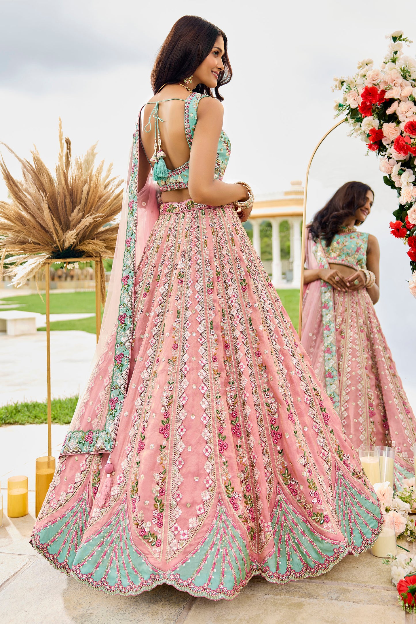 Pink Tissue Sequins Embroidery Reception Lehenga for Bride