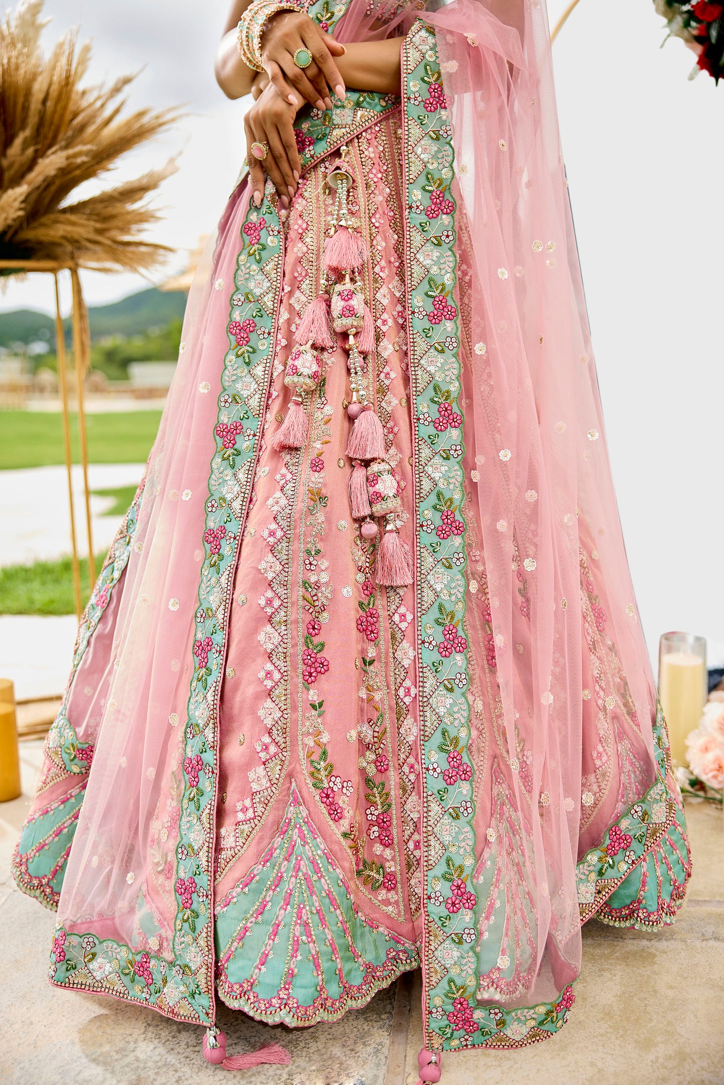 Pink Tissue Sequins Embroidery Reception Lehenga for Bride