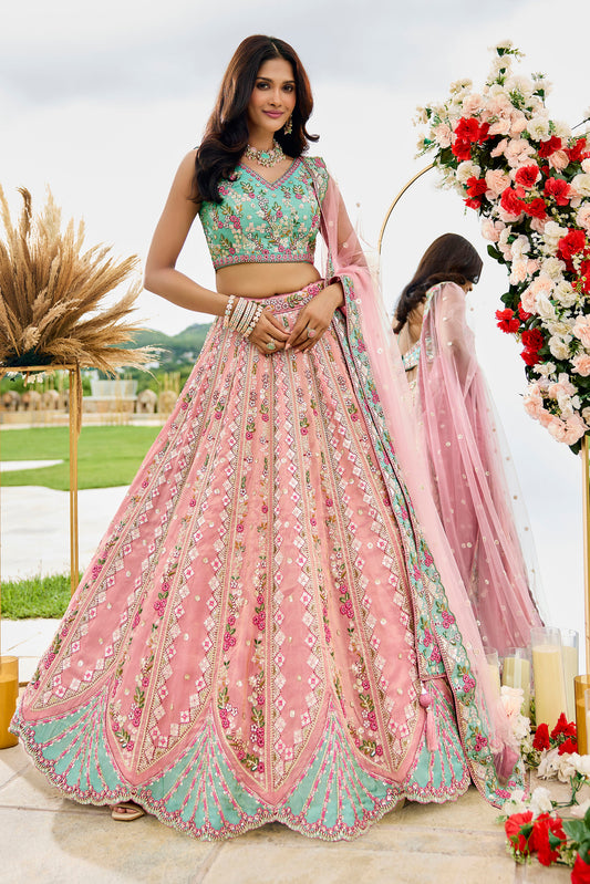 Pink Tissue Sequins Embroidery Reception Lehenga for Bride