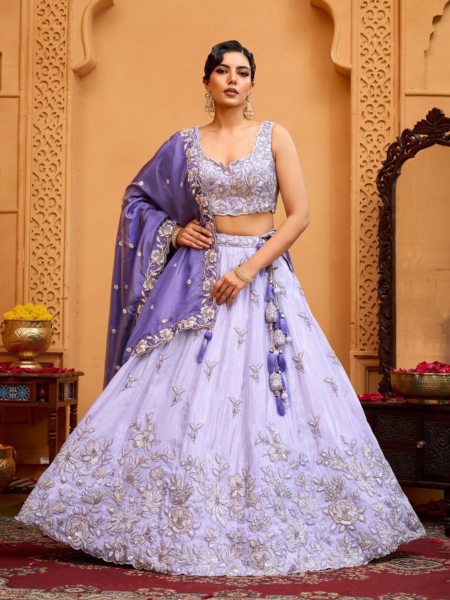 Lavender Tissue Sequins Embroidery Sangeet Lehenga for Bridesmaid
