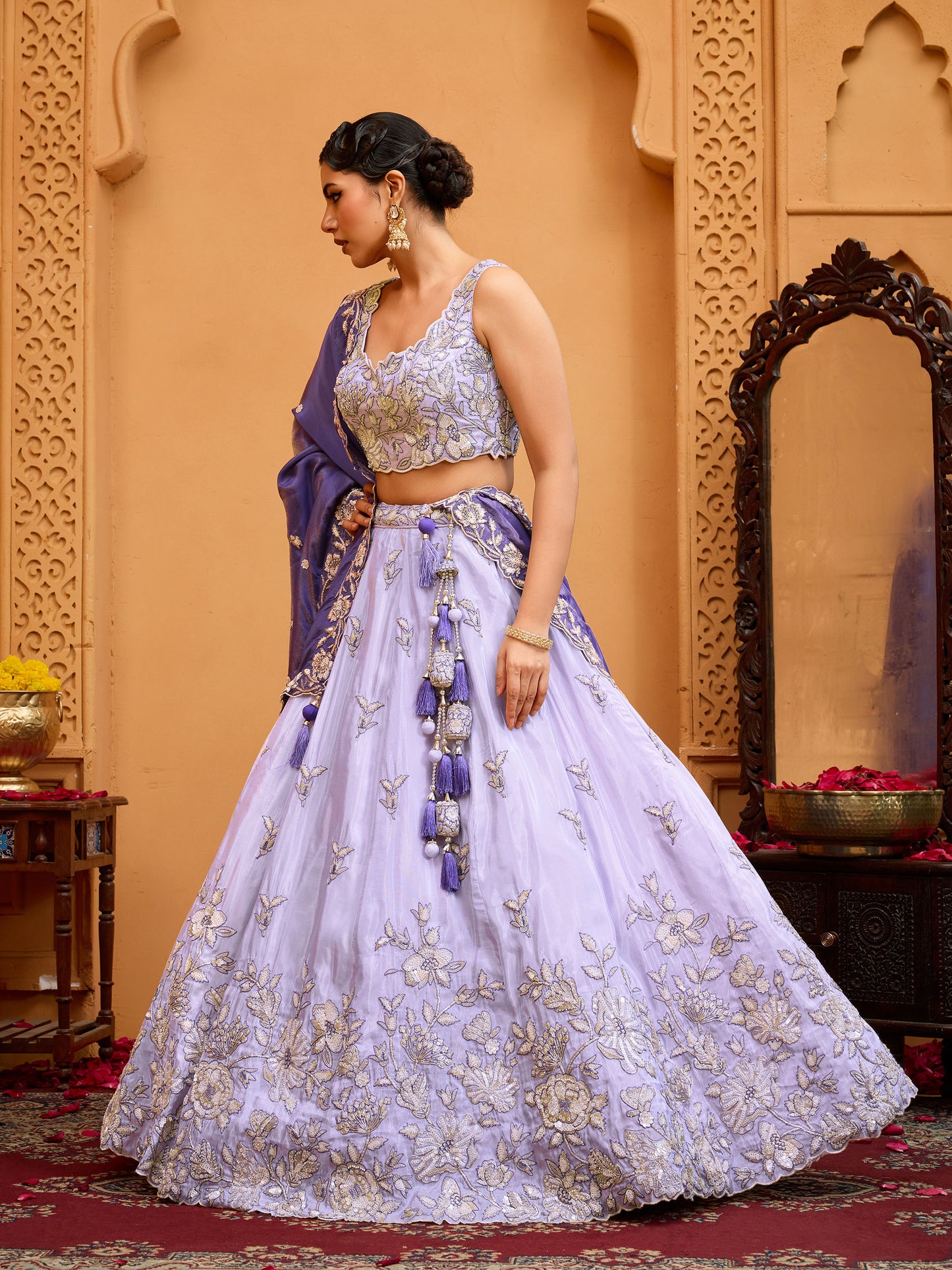 Lavender Tissue Sequins Embroidery Sangeet Lehenga for Bridesmaid