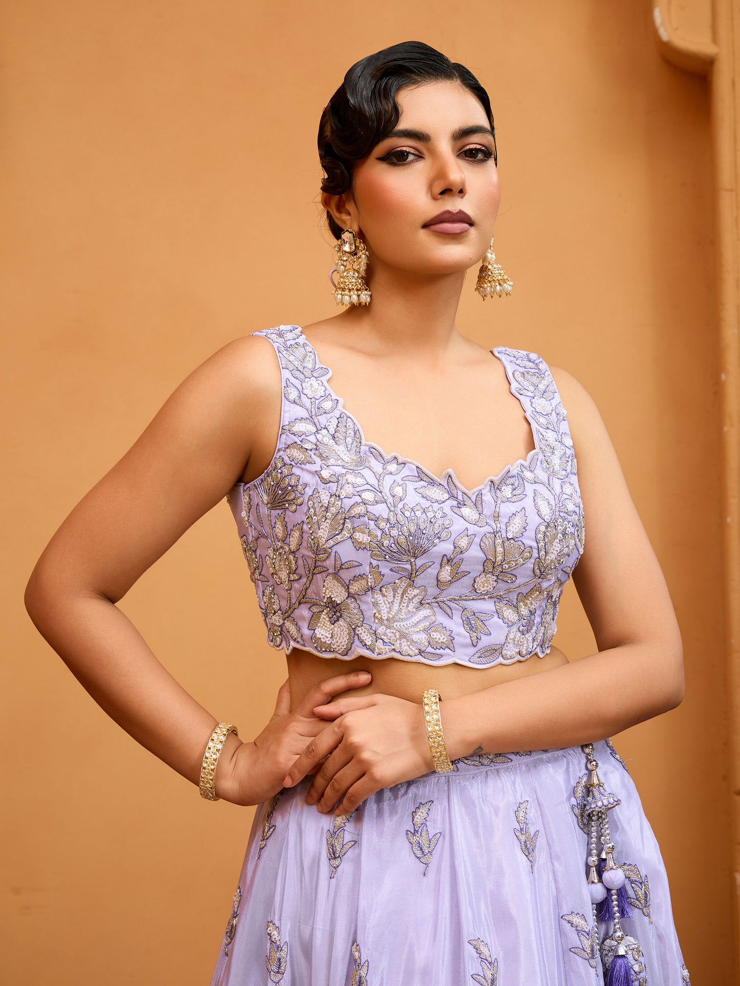 Lavender Tissue Sequins Embroidery Sangeet Lehenga for Bridesmaid