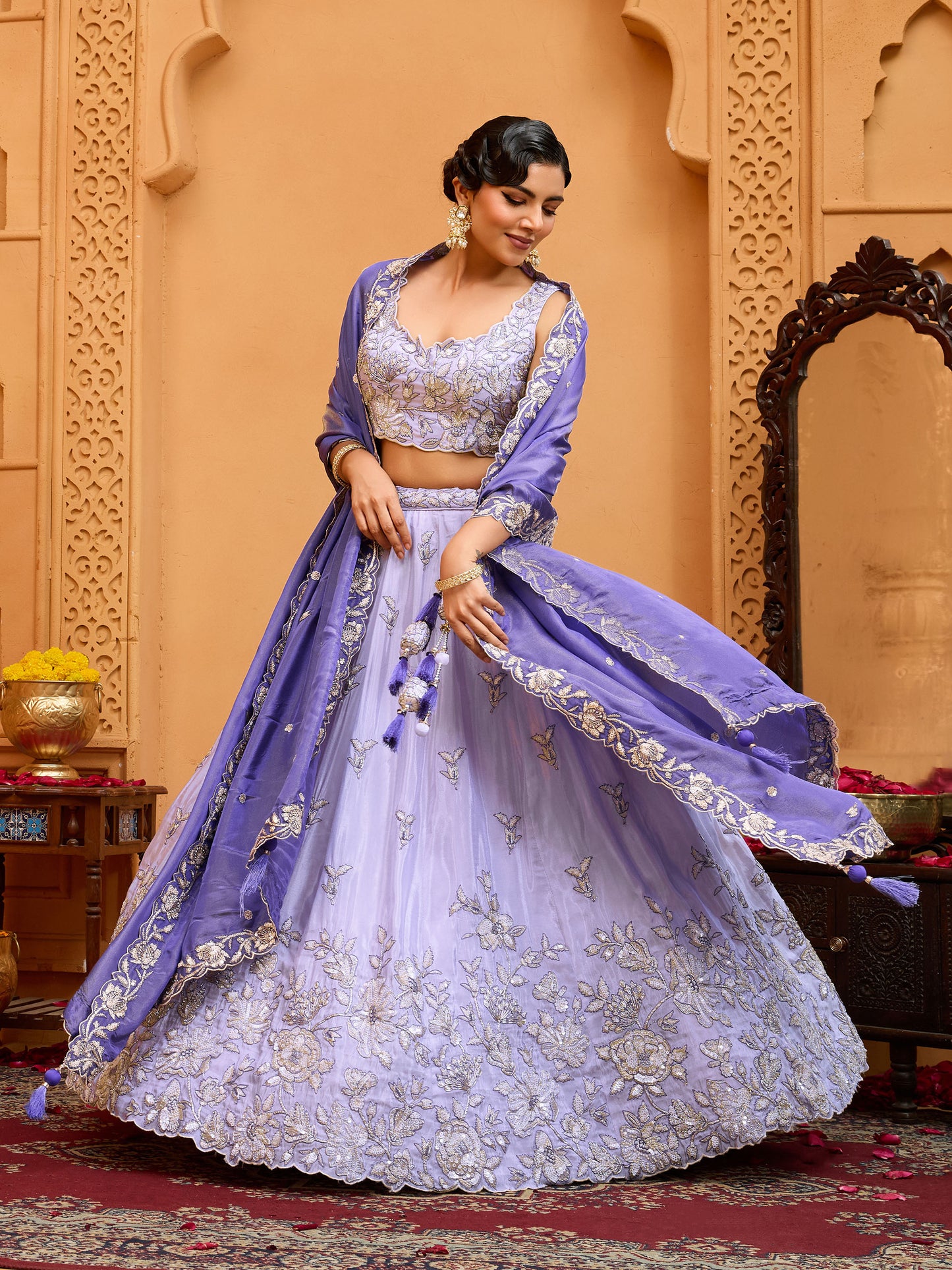 Lavender Tissue Sequins Embroidery Sangeet Lehenga for Bridesmaid