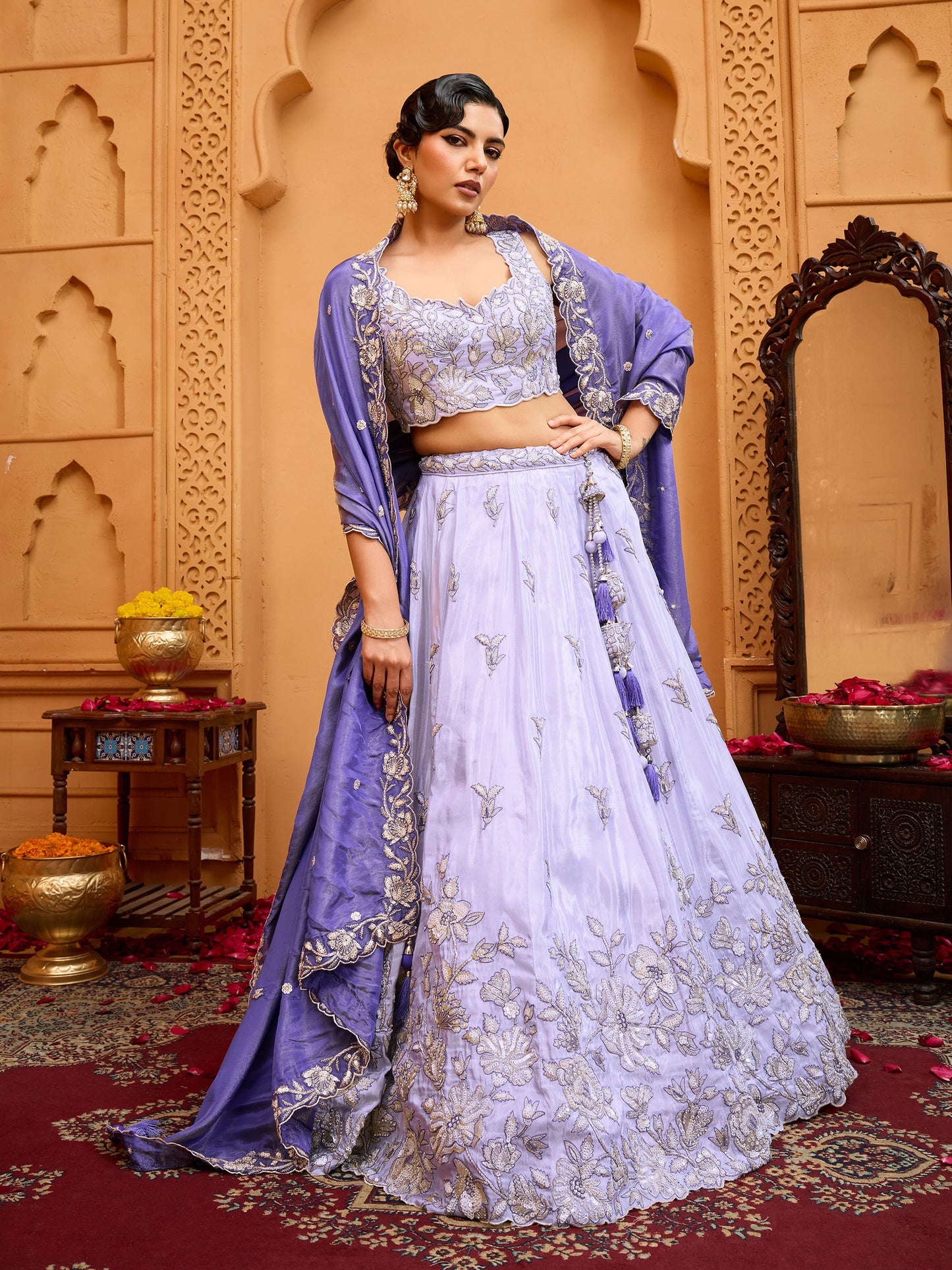 Lavender Tissue Sequins Embroidery Sangeet Lehenga for Bridesmaid