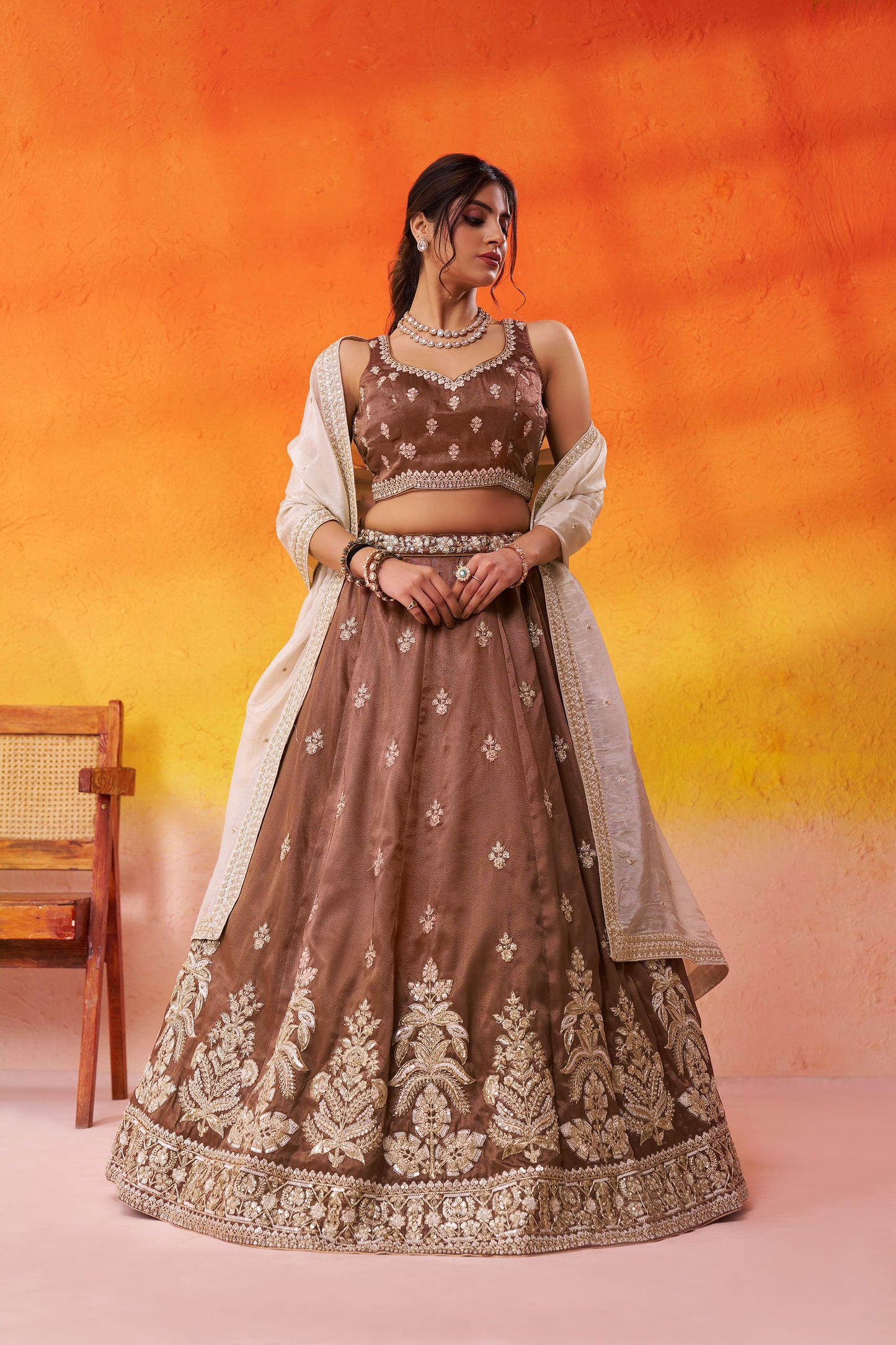 Brown Tissue Sequins & Thread Embroidery Bridesmaid Lehenga
