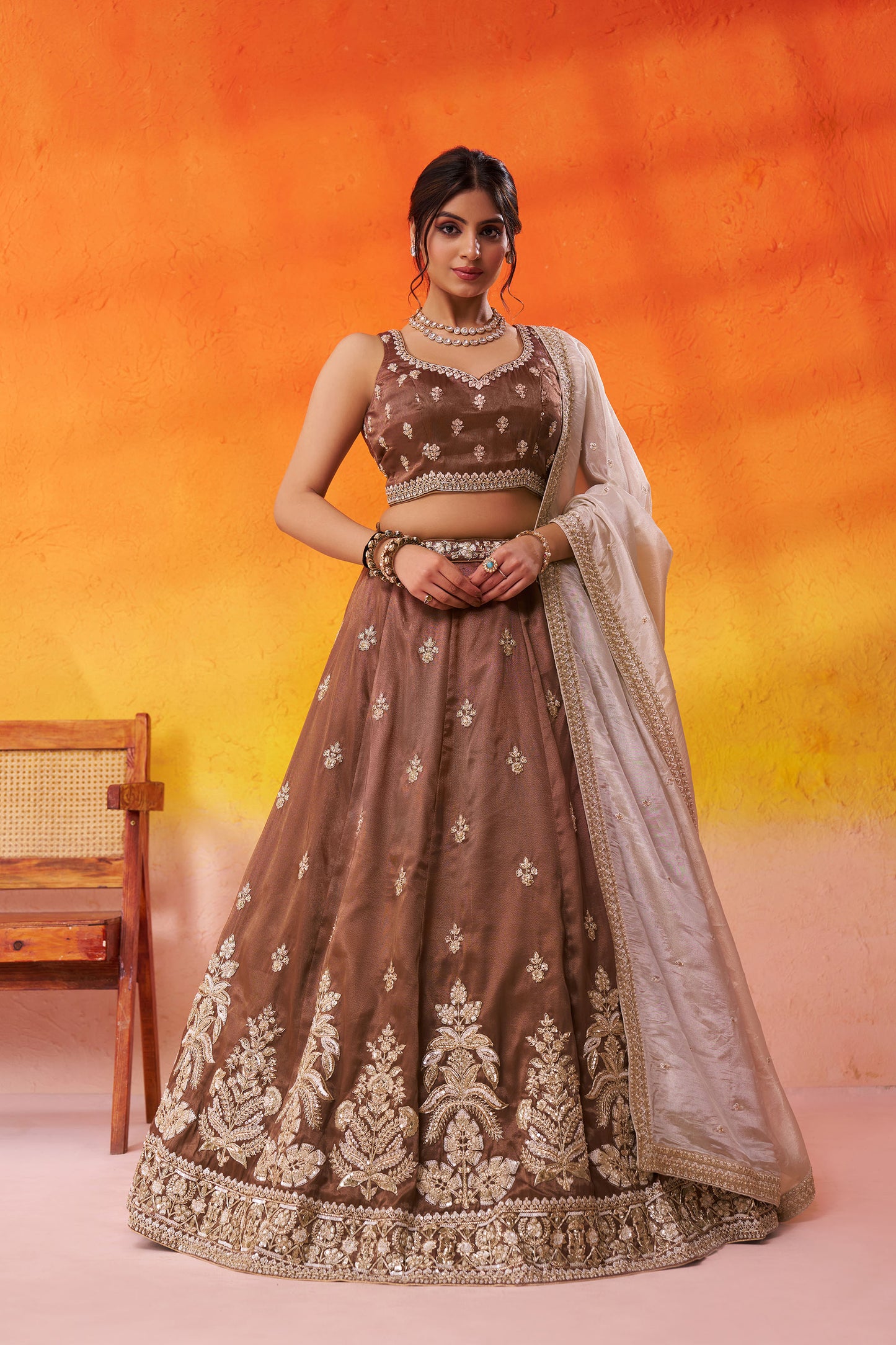 Brown Tissue Sequins & Thread Embroidery Bridesmaid Lehenga