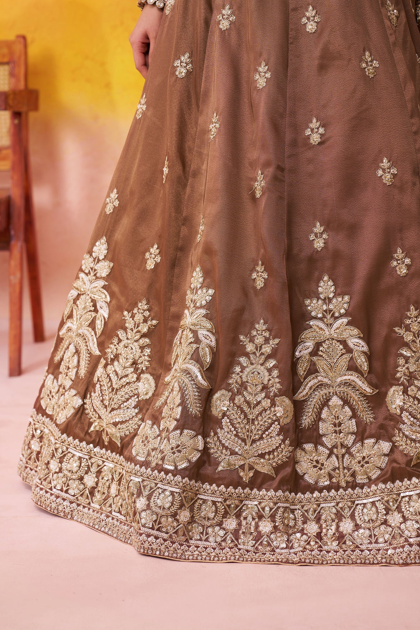 Brown Tissue Sequins & Thread Embroidery Bridesmaid Lehenga