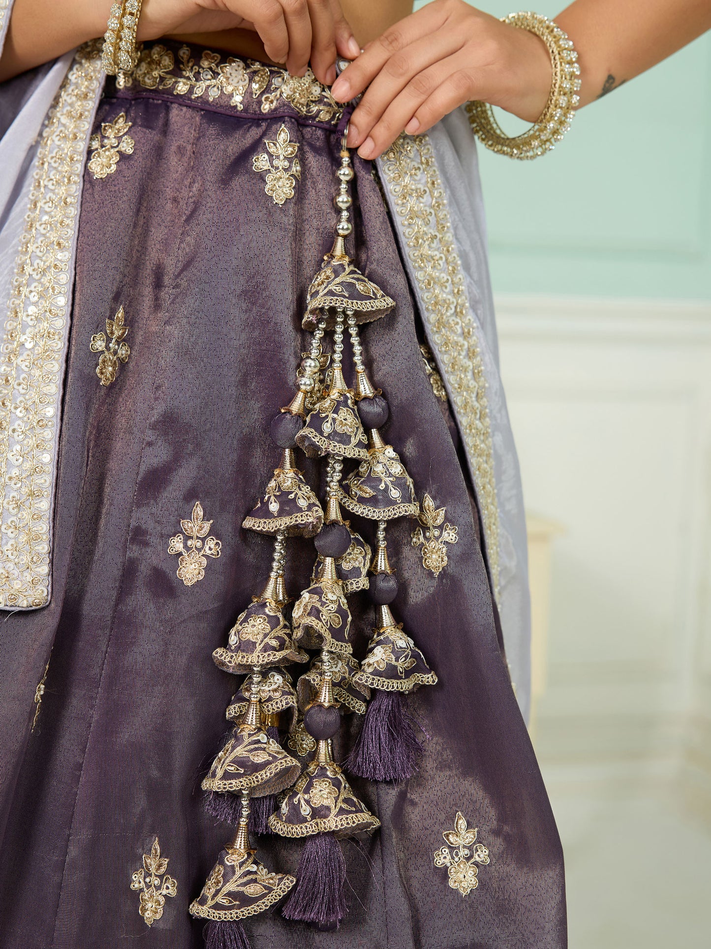 Purple Tissue Sequins Embroidery Engagement Lehenga for Wedding Guest