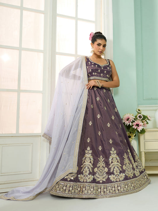 Purple Tissue Sequins Embroidery Engagement Lehenga for Wedding Guest