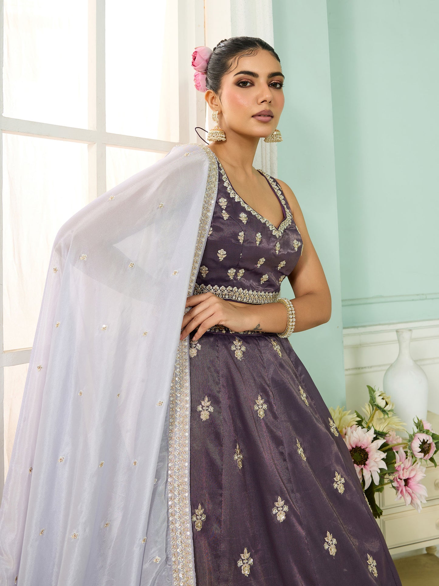 Purple Tissue Sequins Embroidery Engagement Lehenga for Wedding Guest
