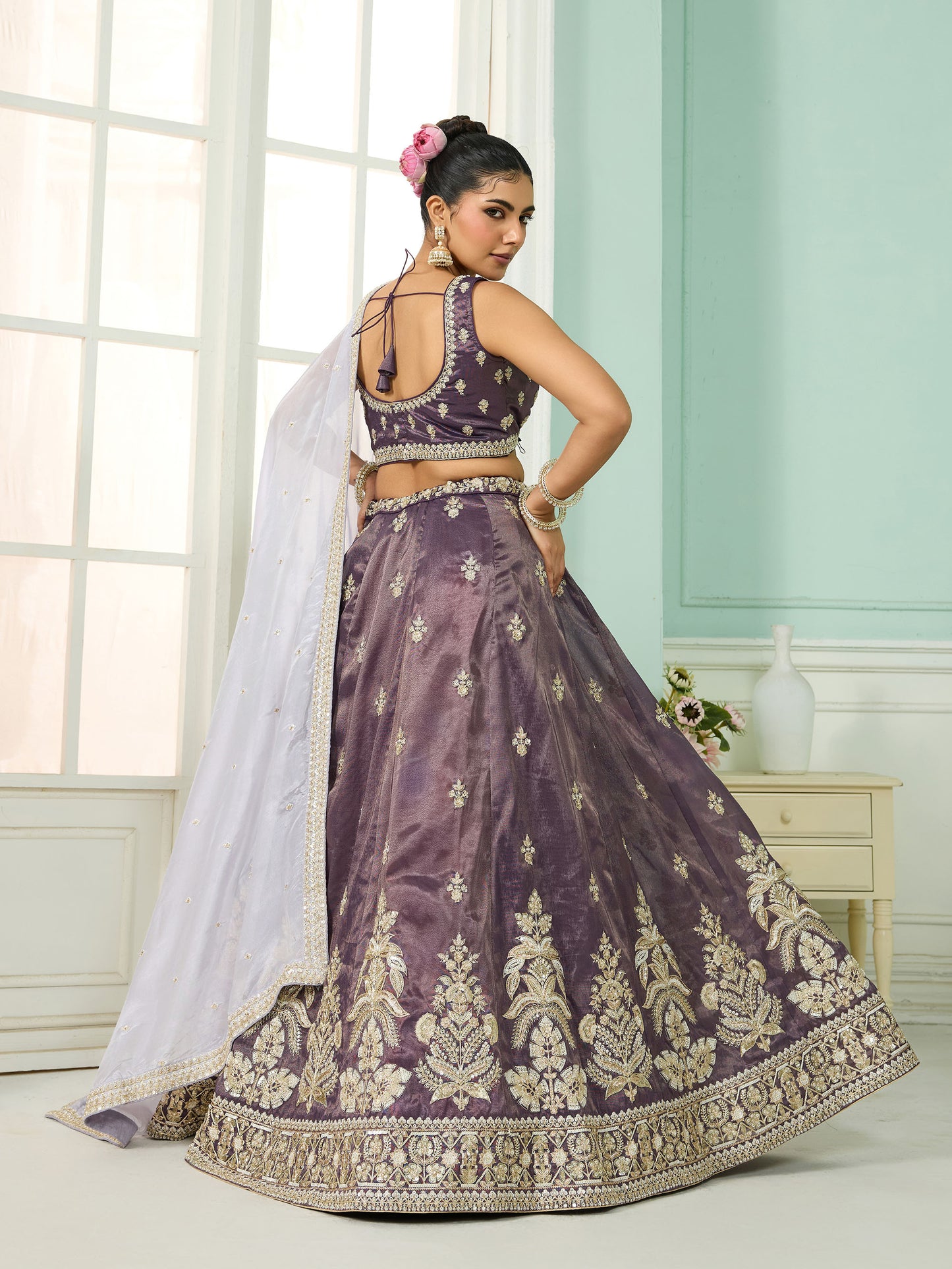 Purple Tissue Sequins Embroidery Engagement Lehenga for Wedding Guest