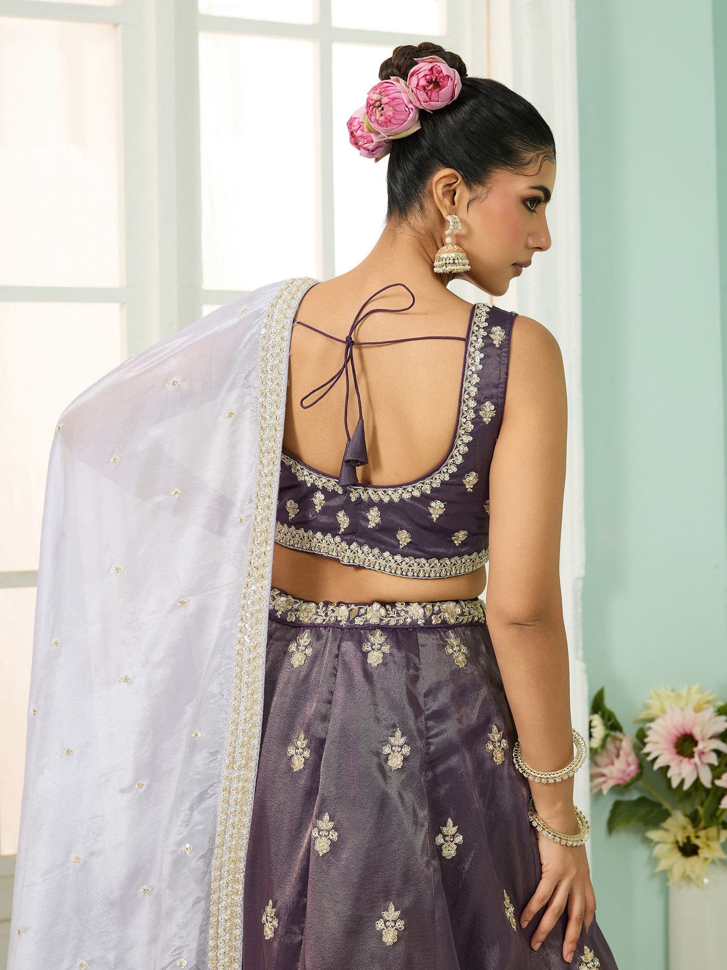 Purple Tissue Sequins Embroidery Engagement Lehenga for Wedding Guest
