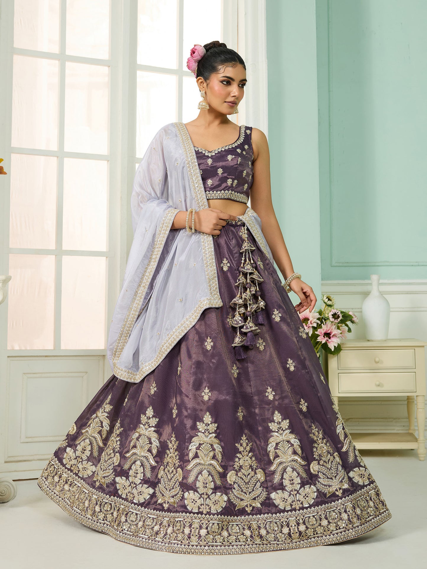 Purple Tissue Sequins Embroidery Engagement Lehenga for Wedding Guest