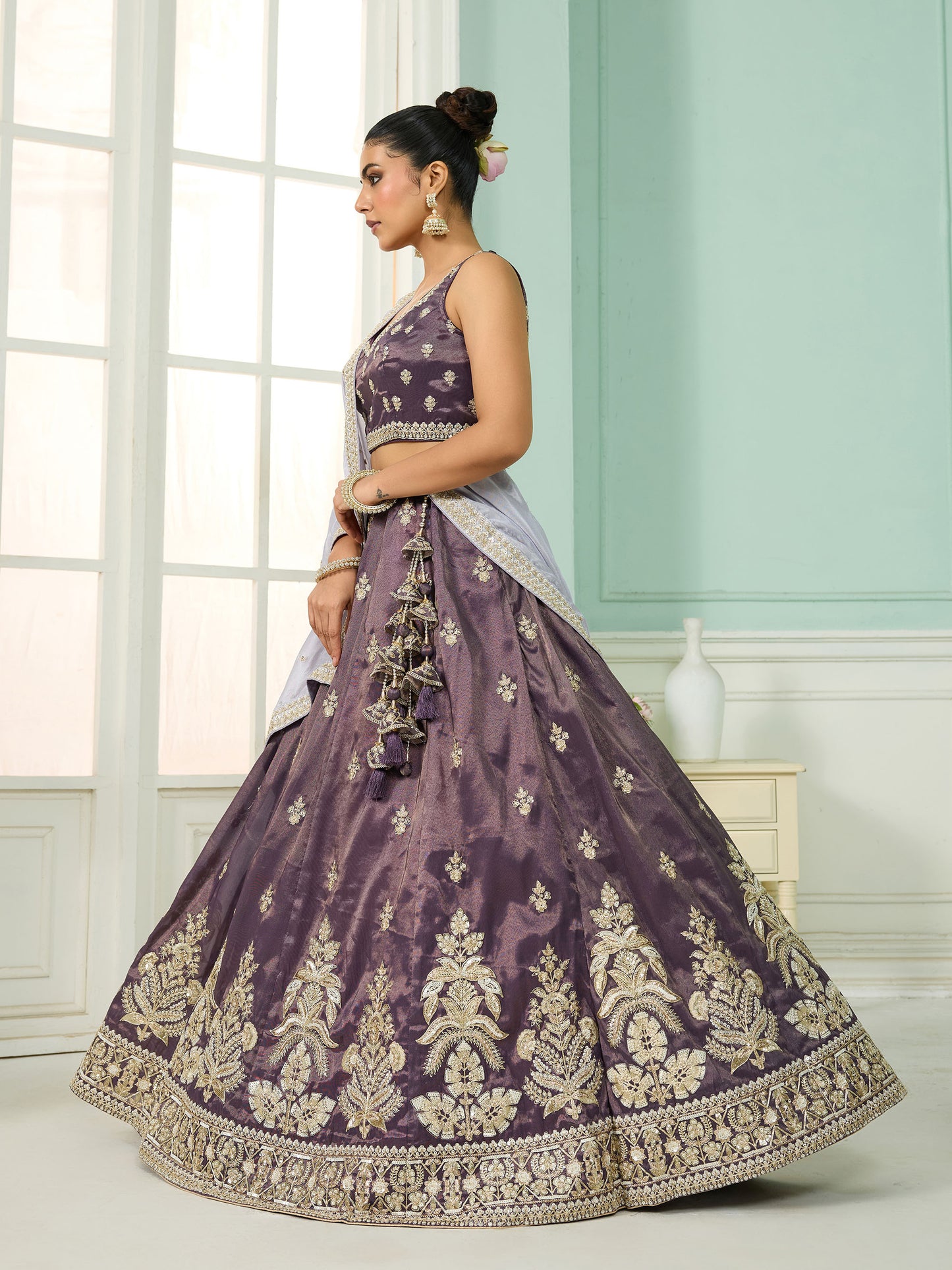 Purple Tissue Sequins Embroidery Engagement Lehenga for Wedding Guest