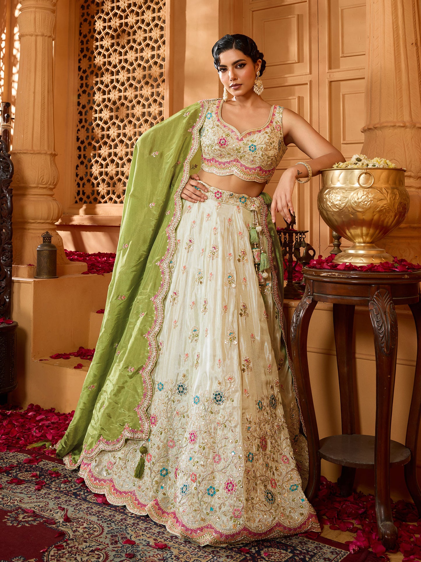 Green Tissue Sequins Embroidery Mehendi Lehenga for Bridesmaid