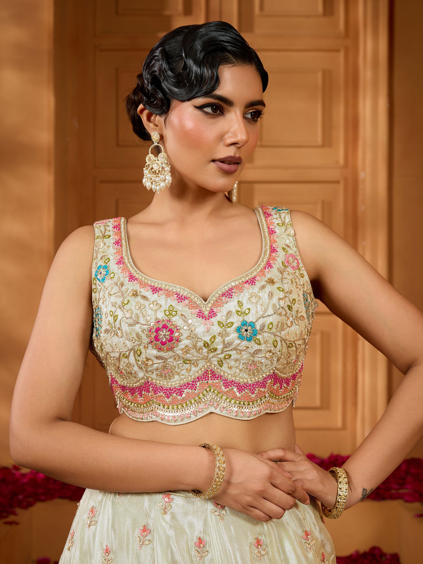 Green Tissue Sequins Embroidery Mehendi Lehenga for Bridesmaid