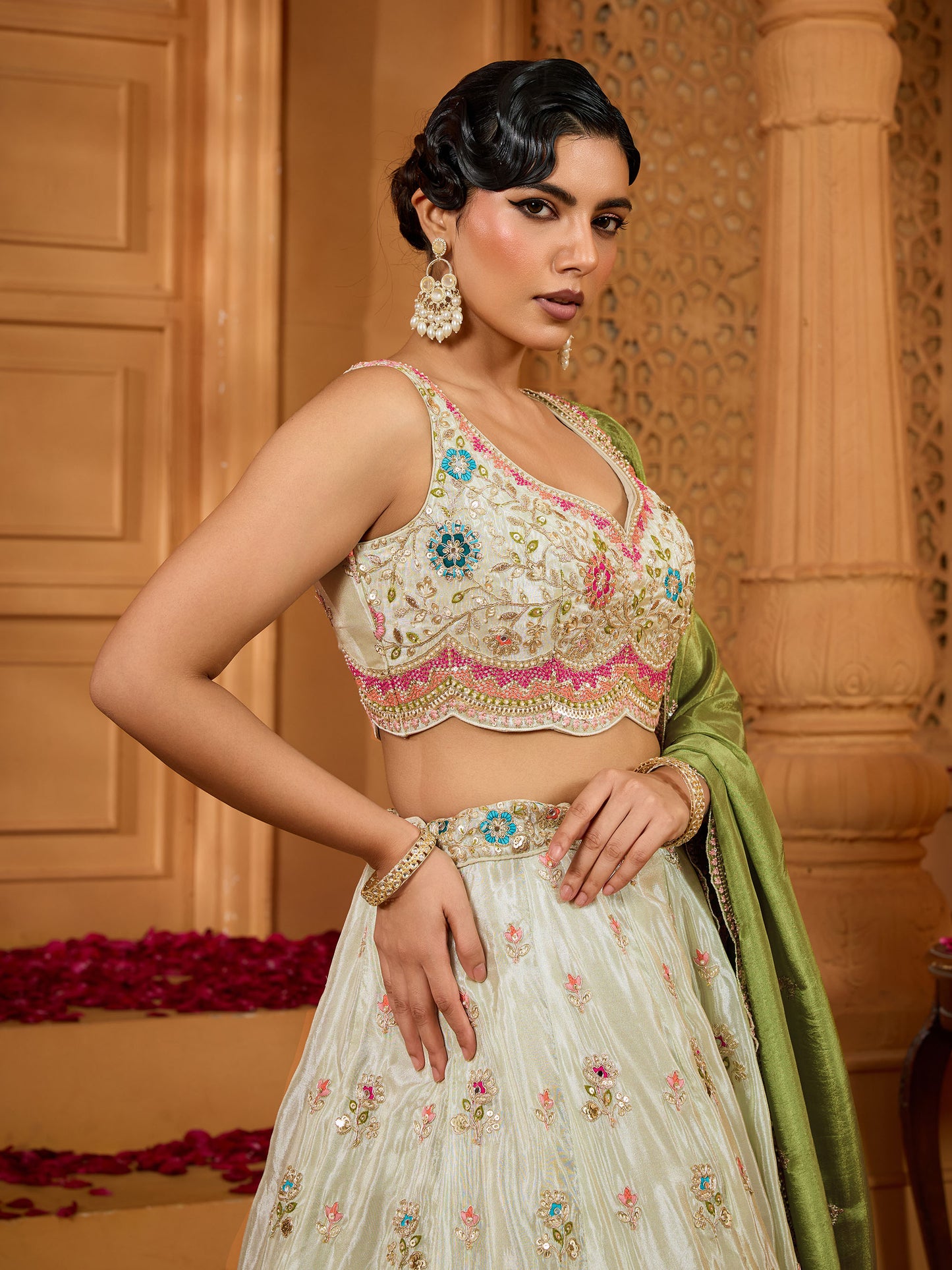 Green Tissue Sequins Embroidery Mehendi Lehenga for Bridesmaid