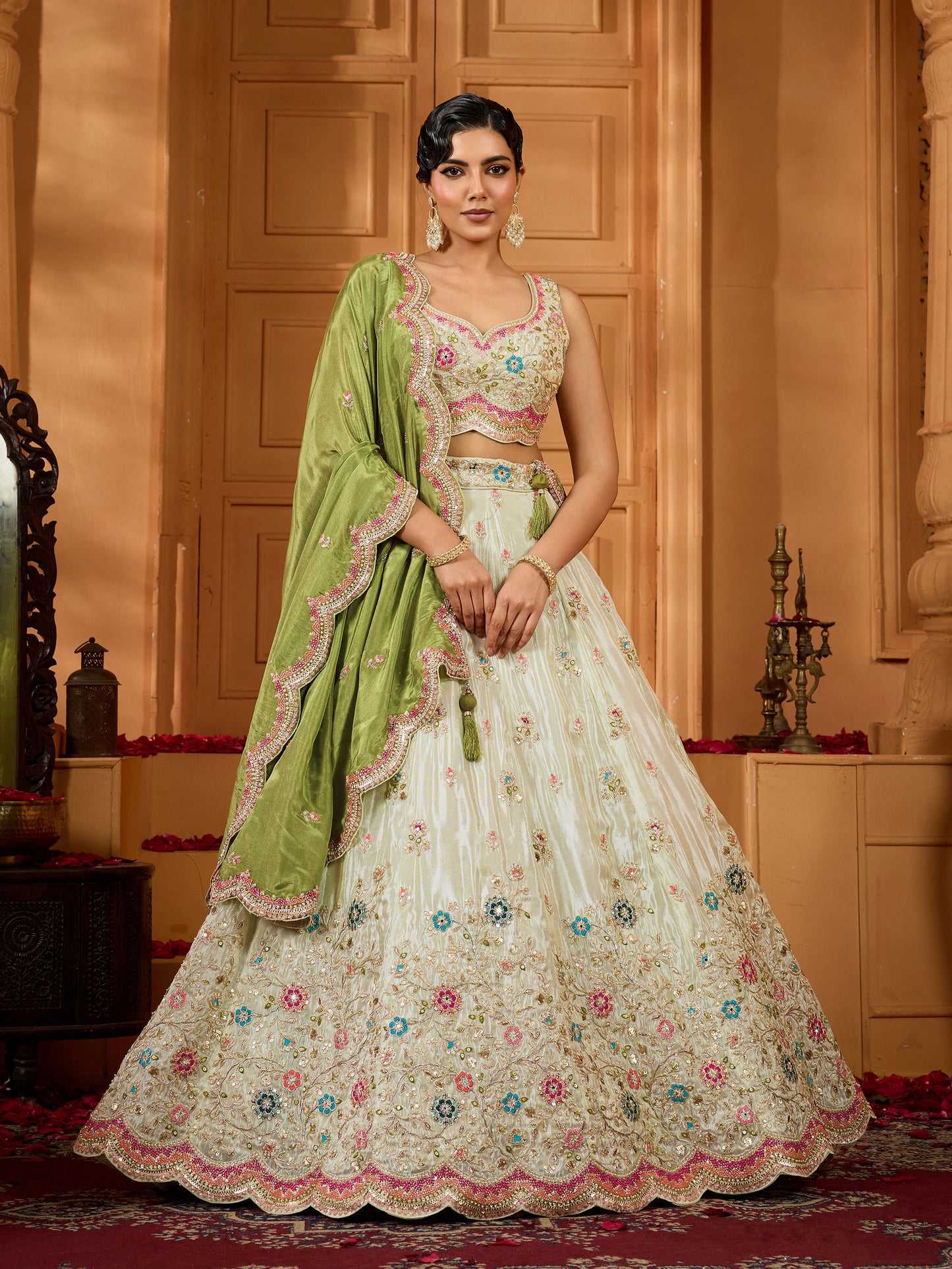 Green Tissue Sequins Embroidery Mehendi Lehenga for Bridesmaid