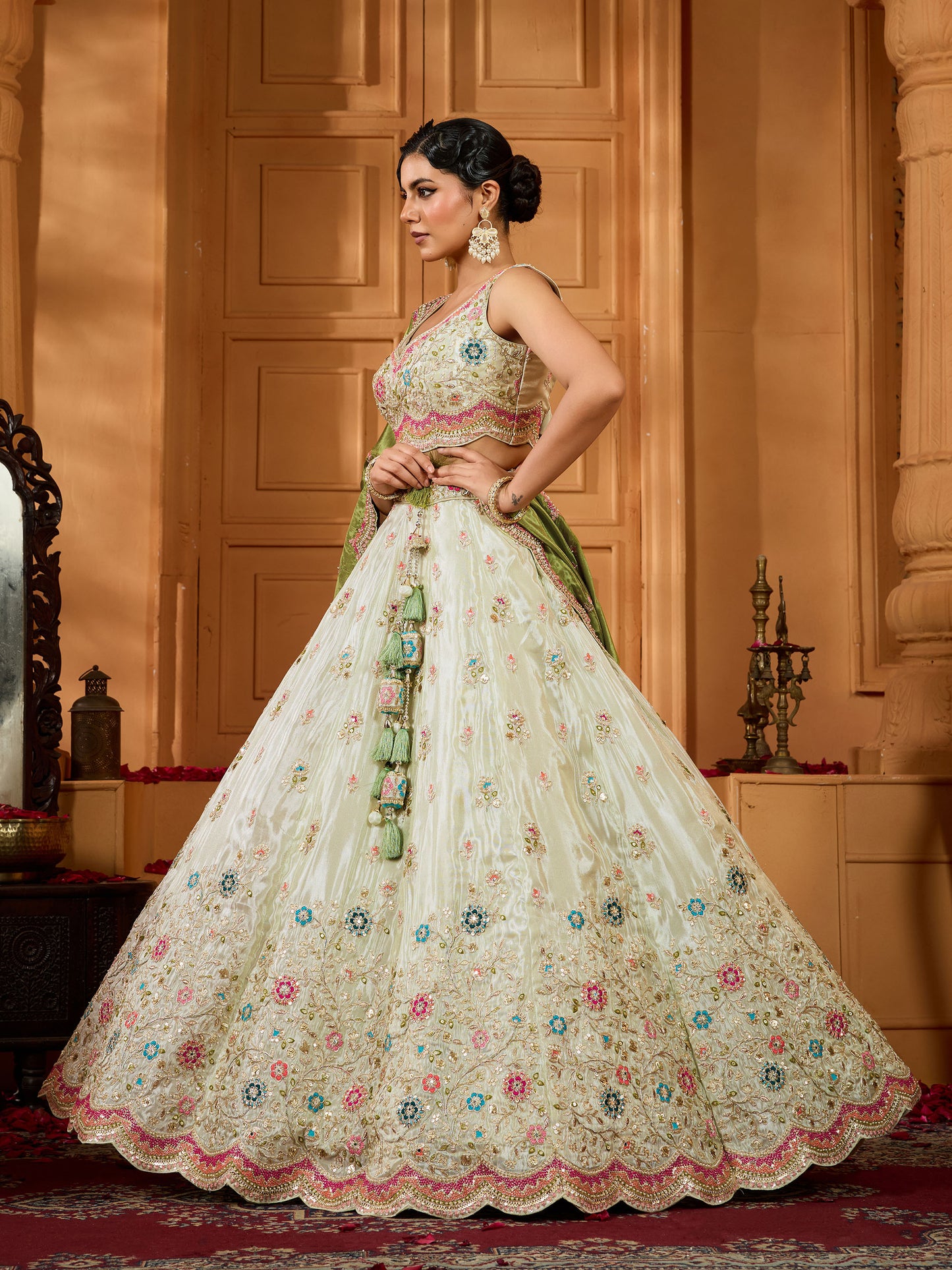 Green Tissue Sequins Embroidery Mehendi Lehenga for Bridesmaid
