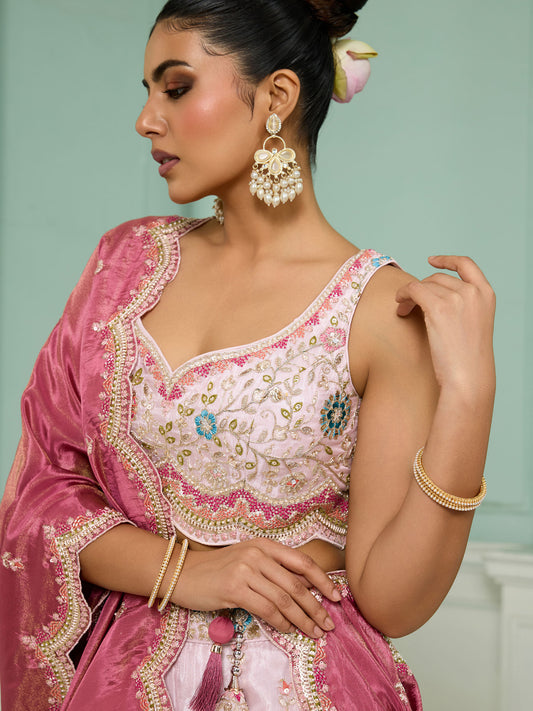 Pink Tissue Sequins Embroidery Sangeet Lehenga