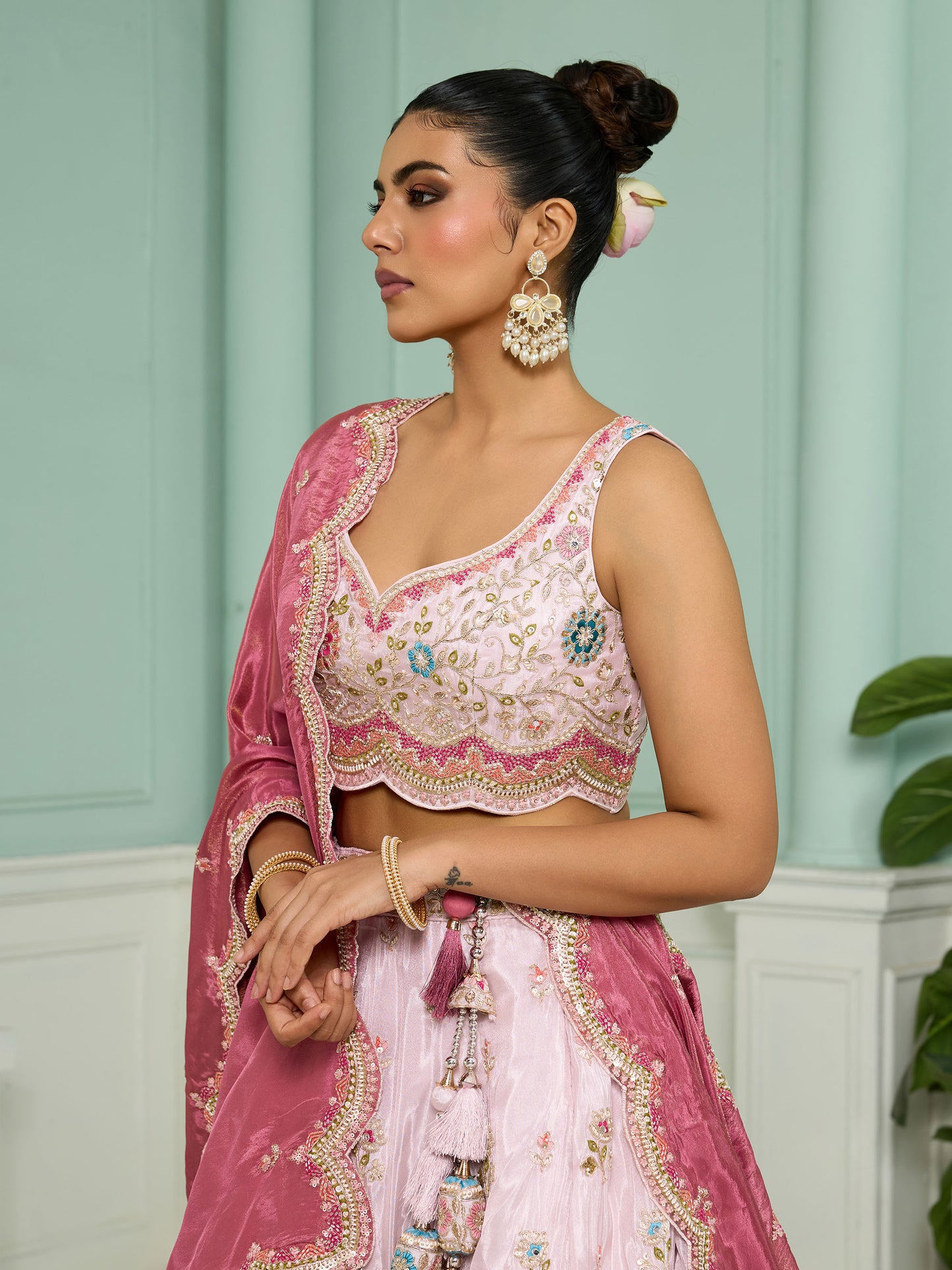 Pink Tissue Sequins Embroidery Sangeet Lehenga