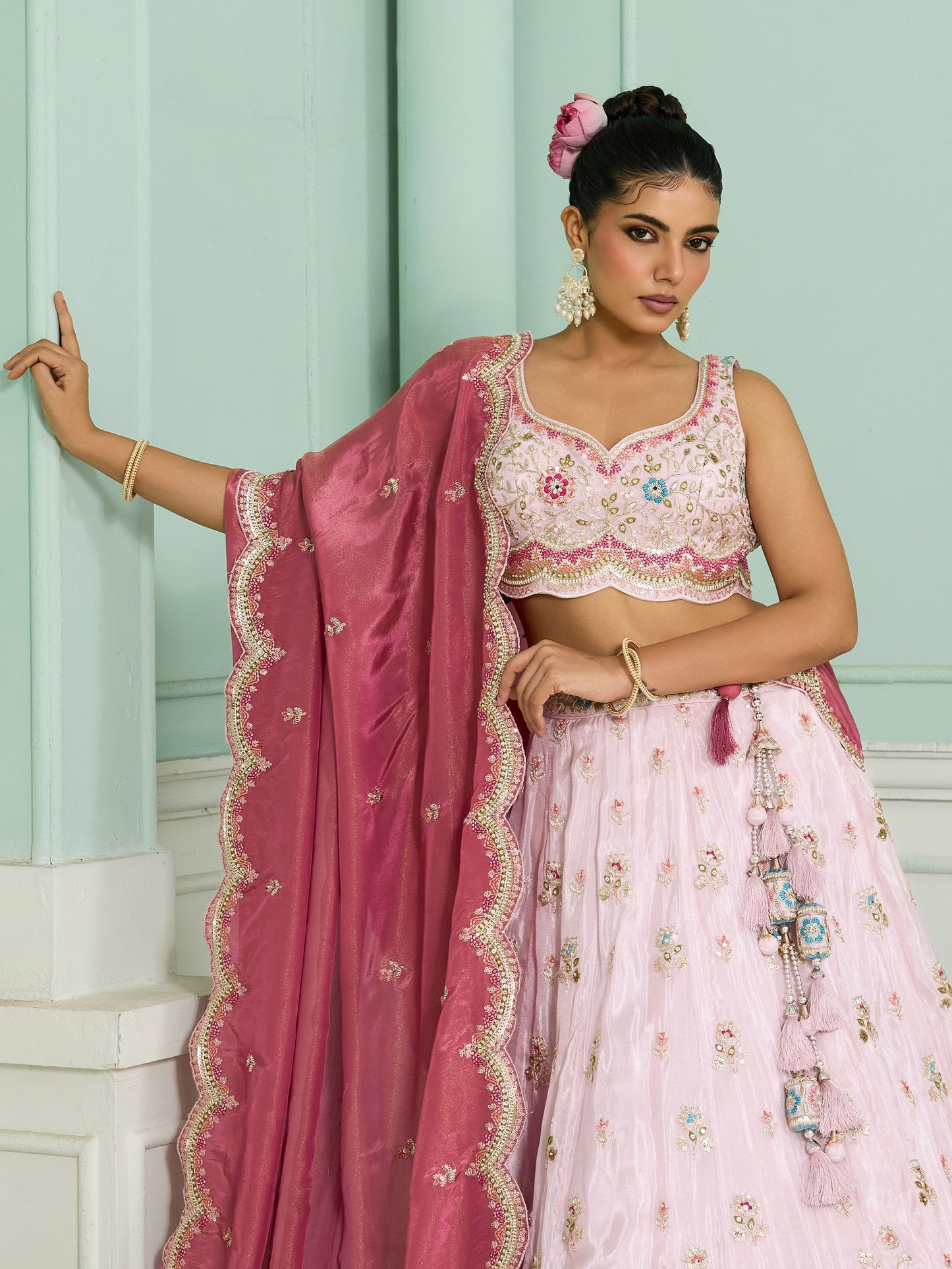 Pink Tissue Sequins Embroidery Sangeet Lehenga