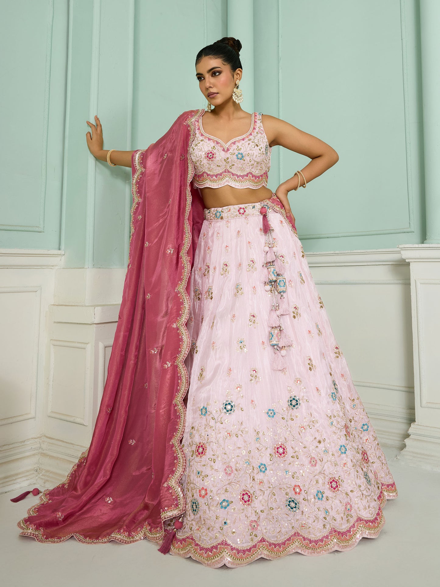 Pink Tissue Sequins Embroidery Sangeet Lehenga