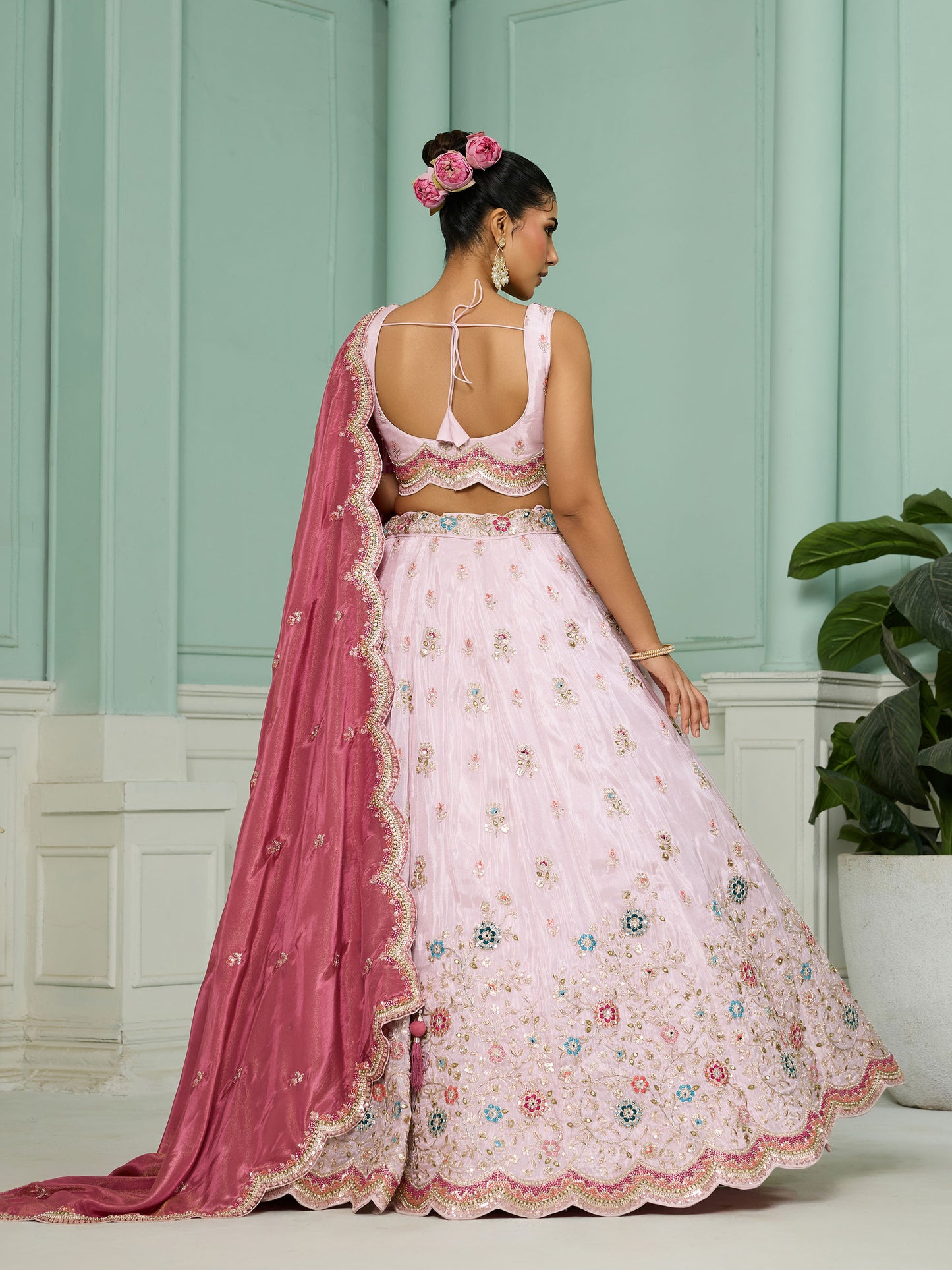 Pink Tissue Sequins Embroidery Sangeet Lehenga