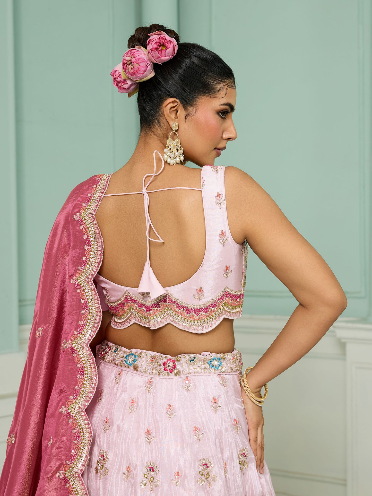 Pink Tissue Sequins Embroidery Sangeet Lehenga