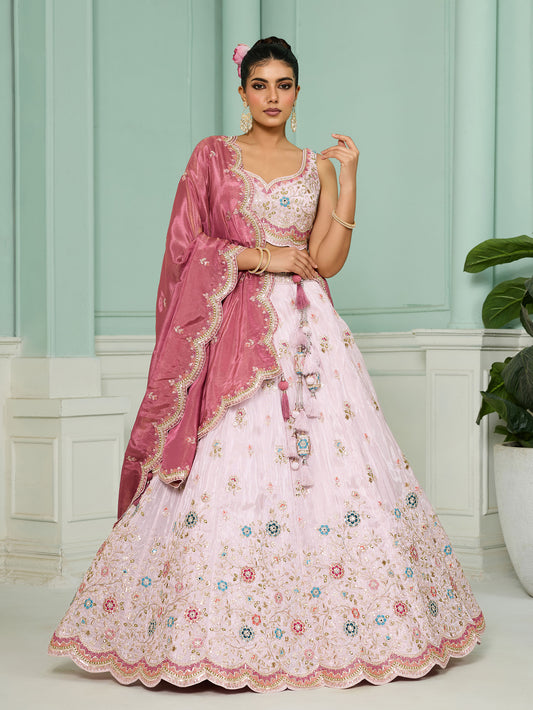 Pink Tissue Sequins Embroidery Sangeet Lehenga