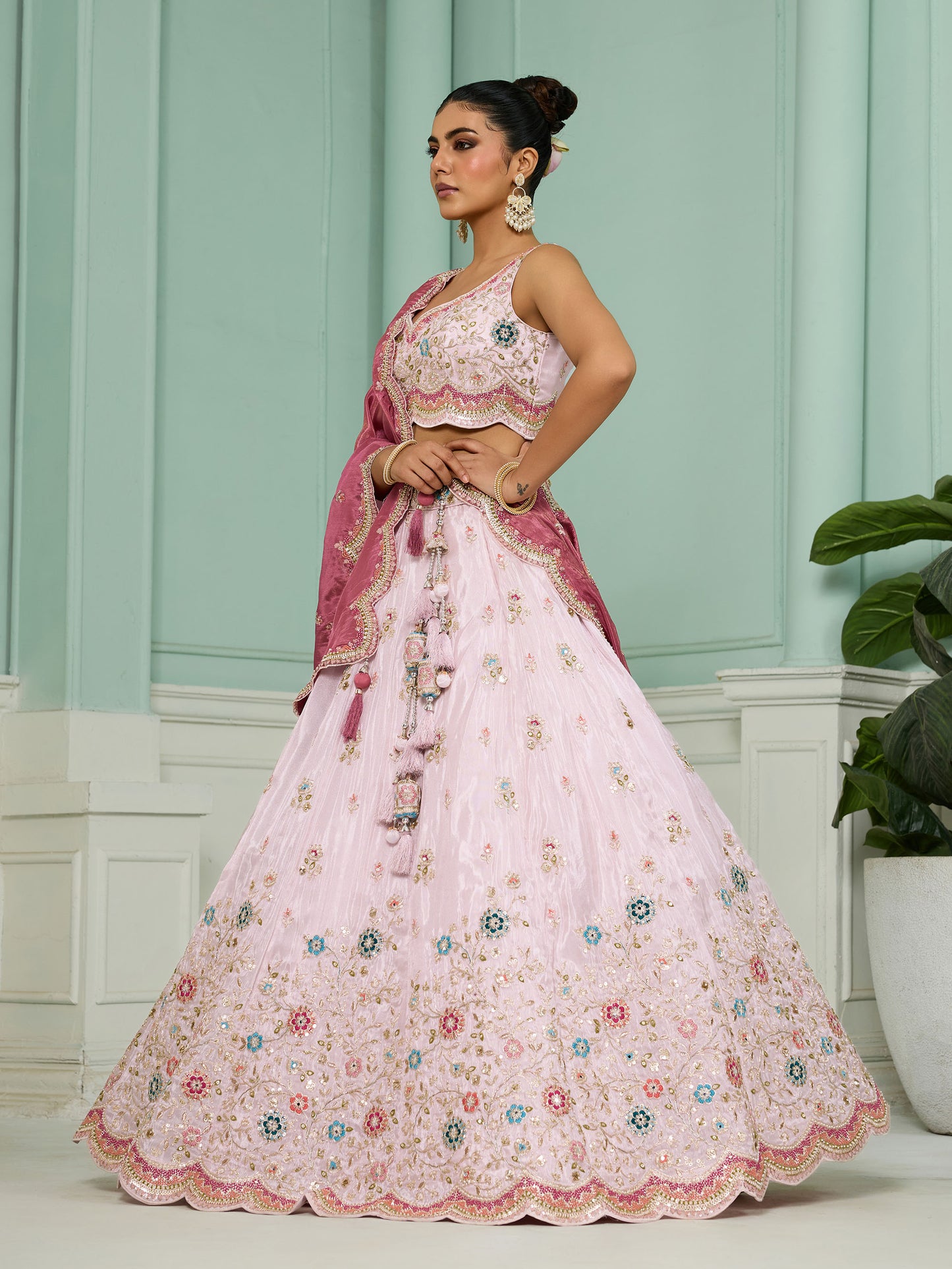 Pink Tissue Sequins Embroidery Sangeet Lehenga