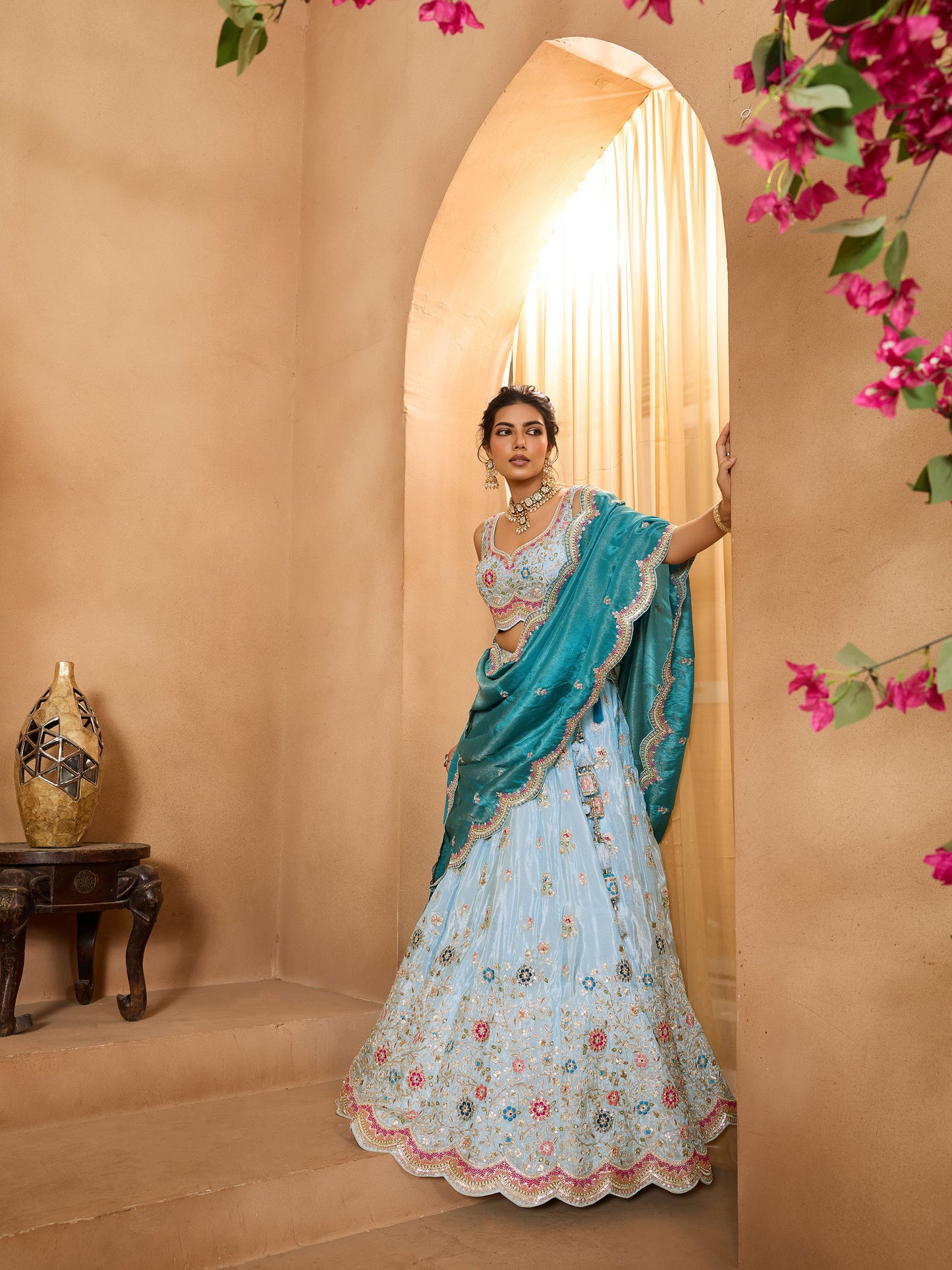Turquoise Blue Tissue Sequins Embroidery Sangeet Lehenga for Bridesmaid