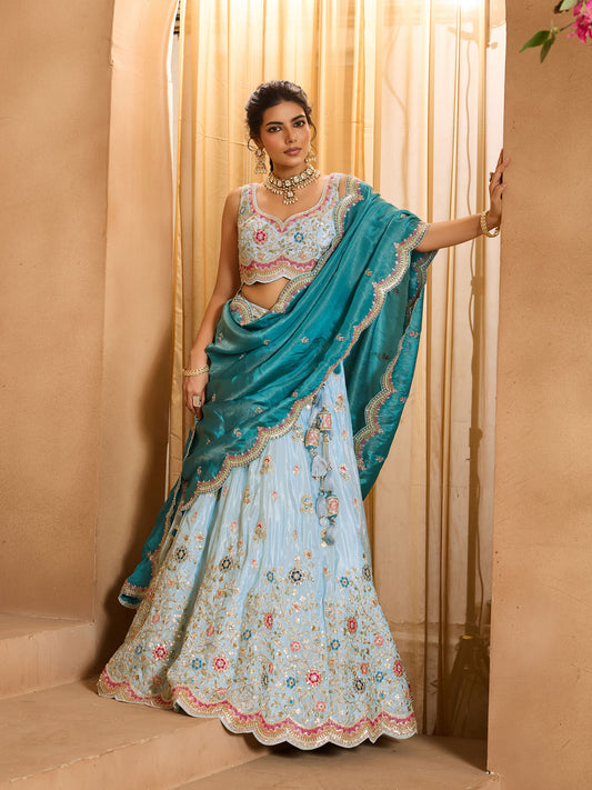 Turquoise Blue Tissue Sequins Embroidery Sangeet Lehenga for Bridesmaid