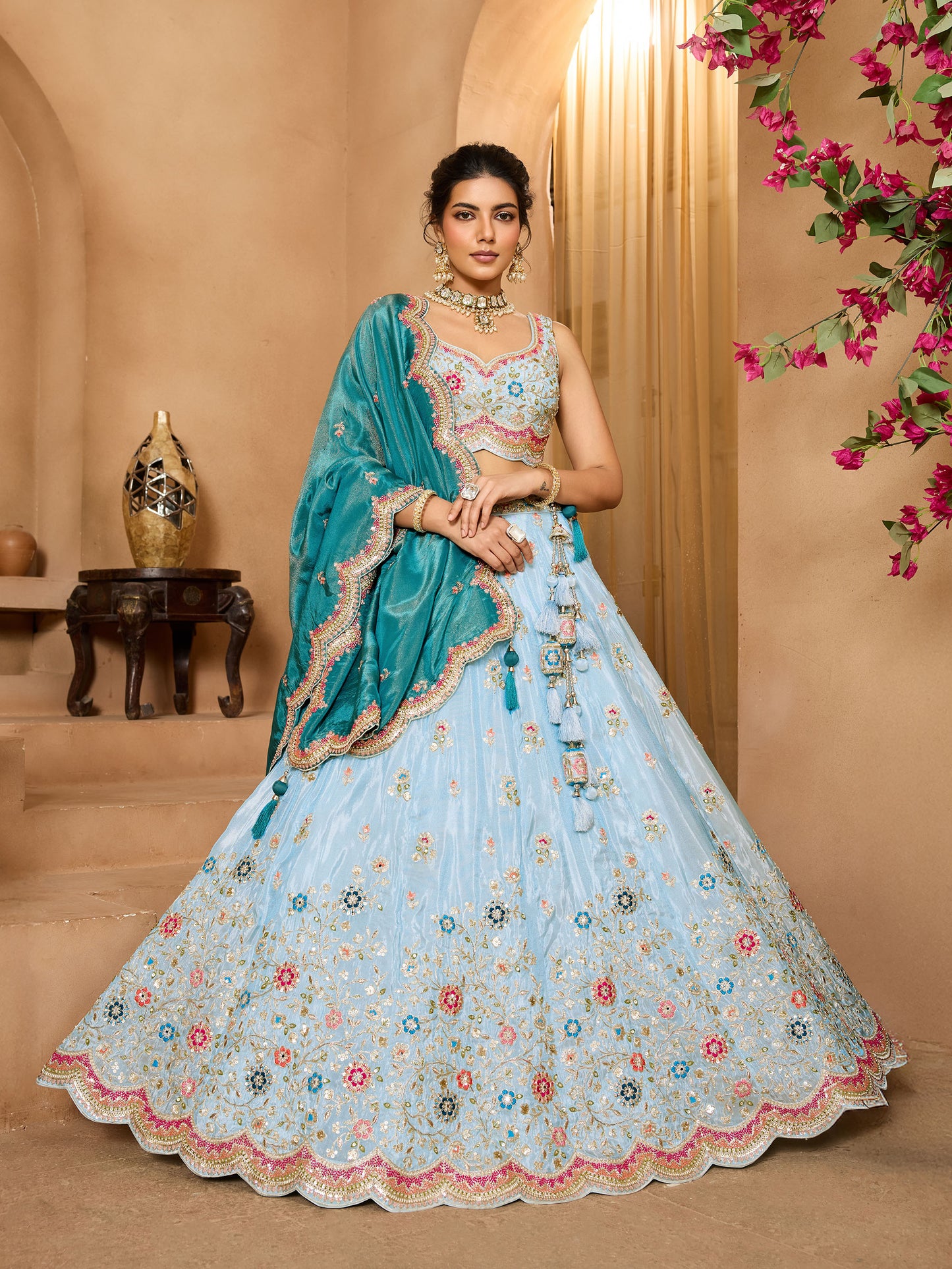 Turquoise Blue Tissue Sequins Embroidery Sangeet Lehenga for Bridesmaid
