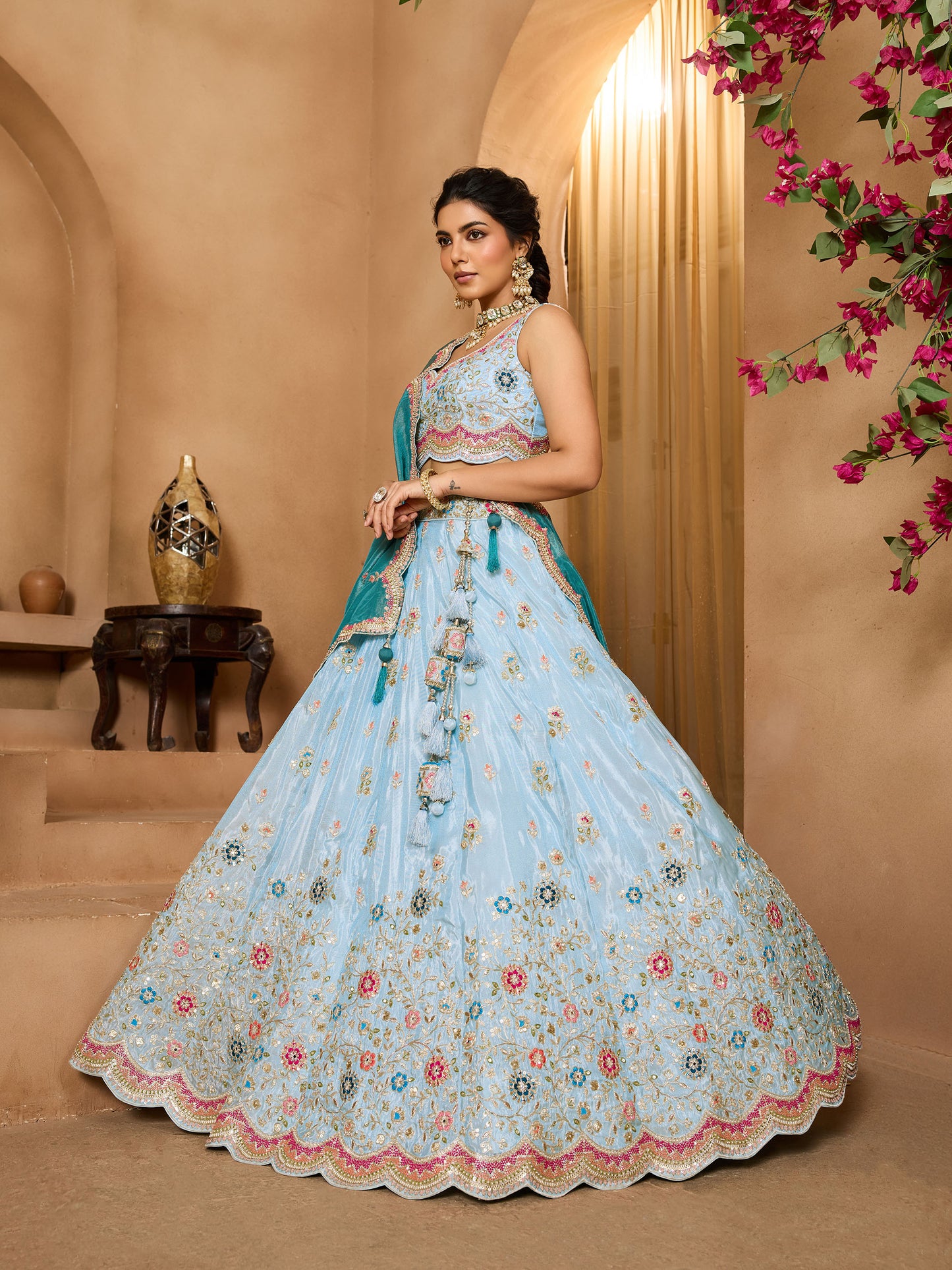 Turquoise Blue Tissue Sequins Embroidery Sangeet Lehenga for Bridesmaid
