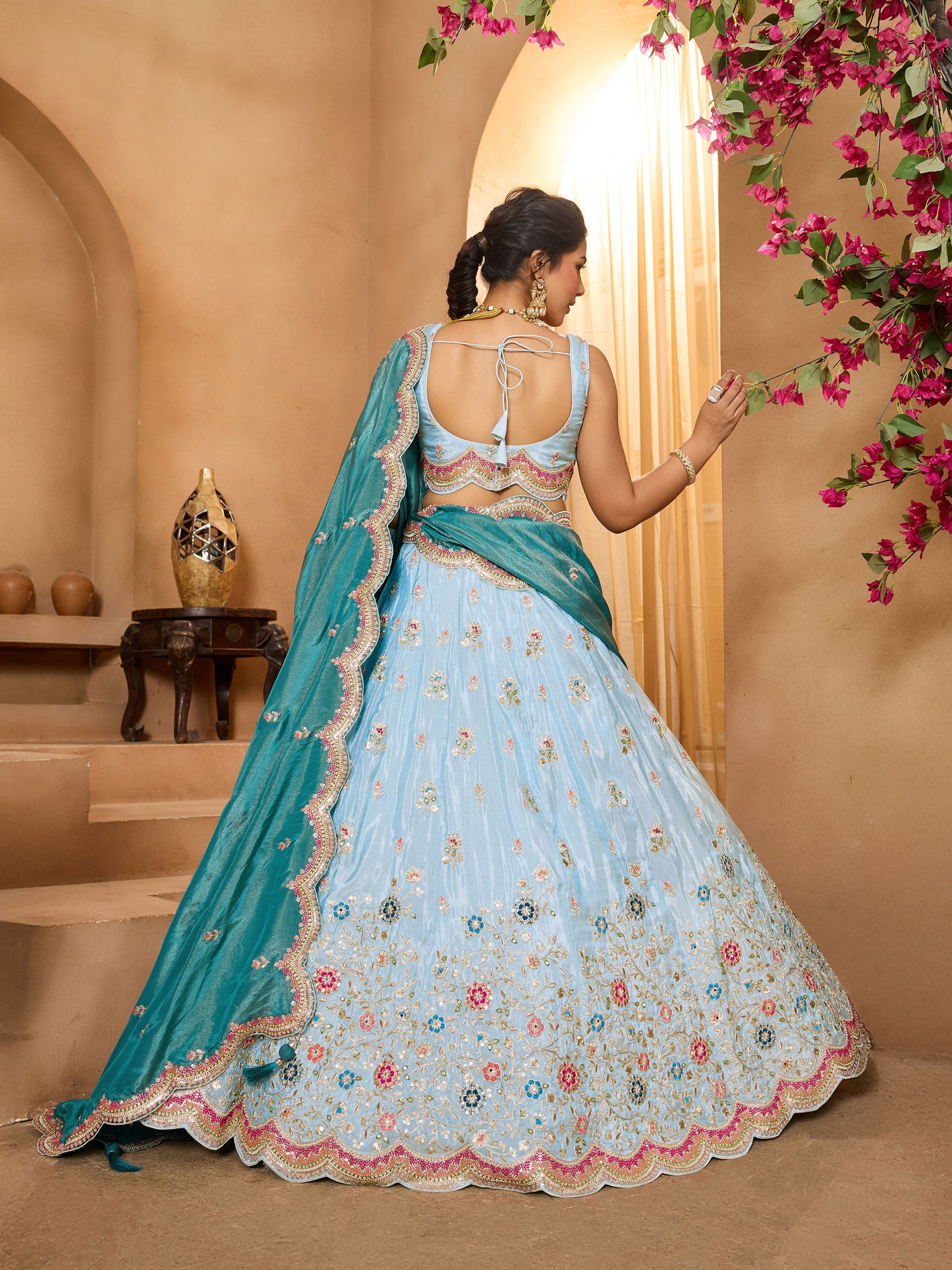 Turquoise Blue Tissue Sequins Embroidery Sangeet Lehenga for Bridesmaid