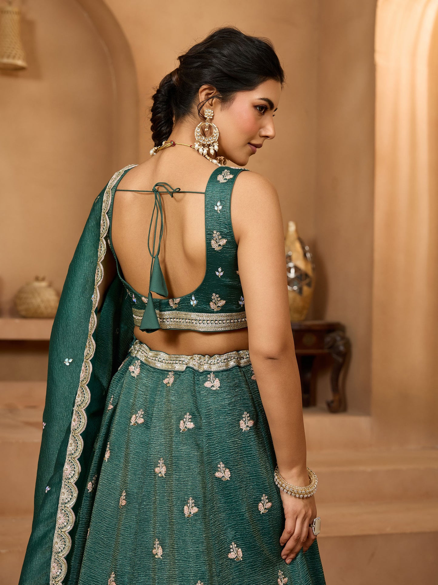 Dark Green Tissue Sequins Embroidery Bridesmaid Lehenga for Mehendi