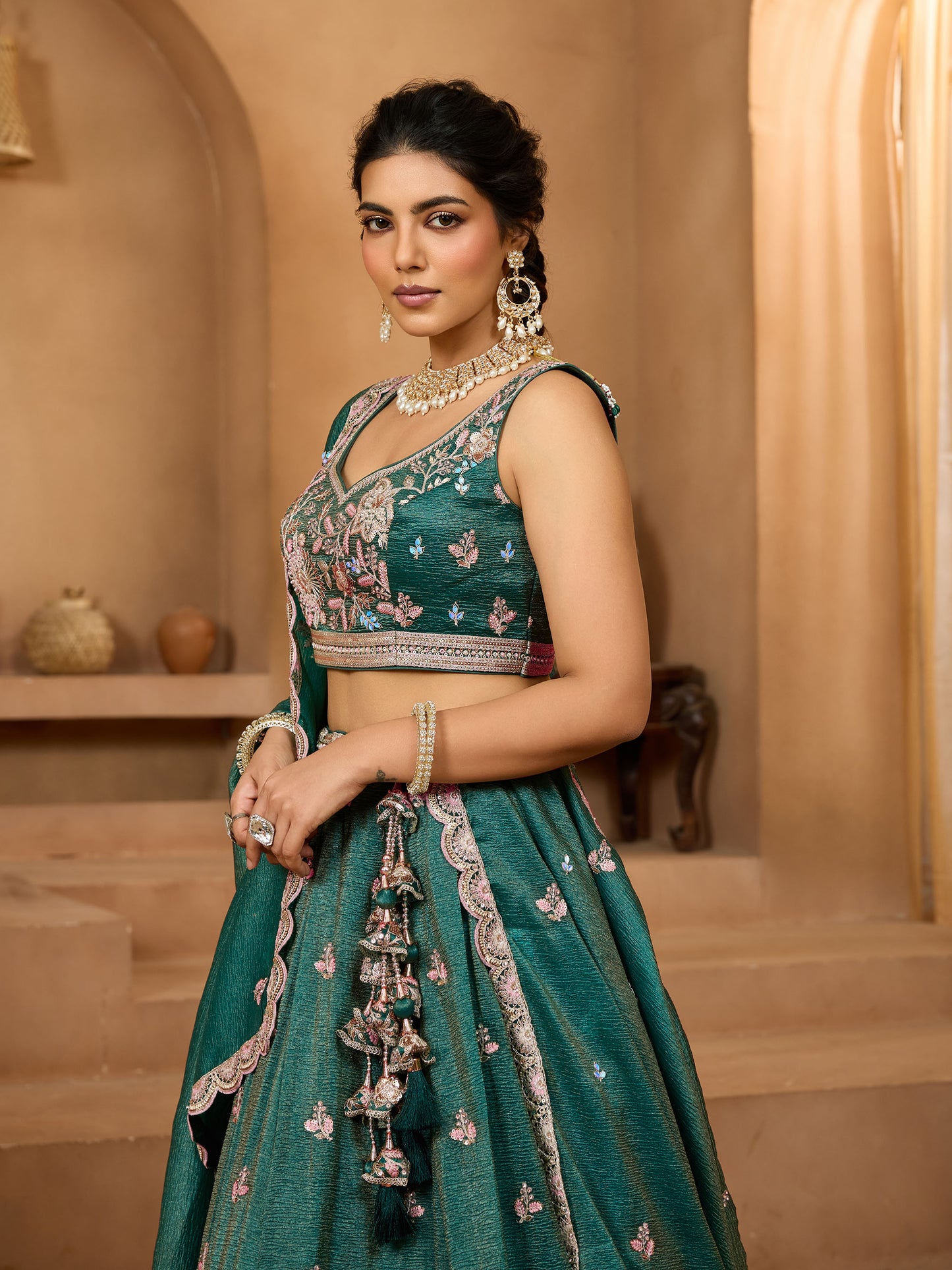 Dark Green Tissue Sequins Embroidery Bridesmaid Lehenga for Mehendi