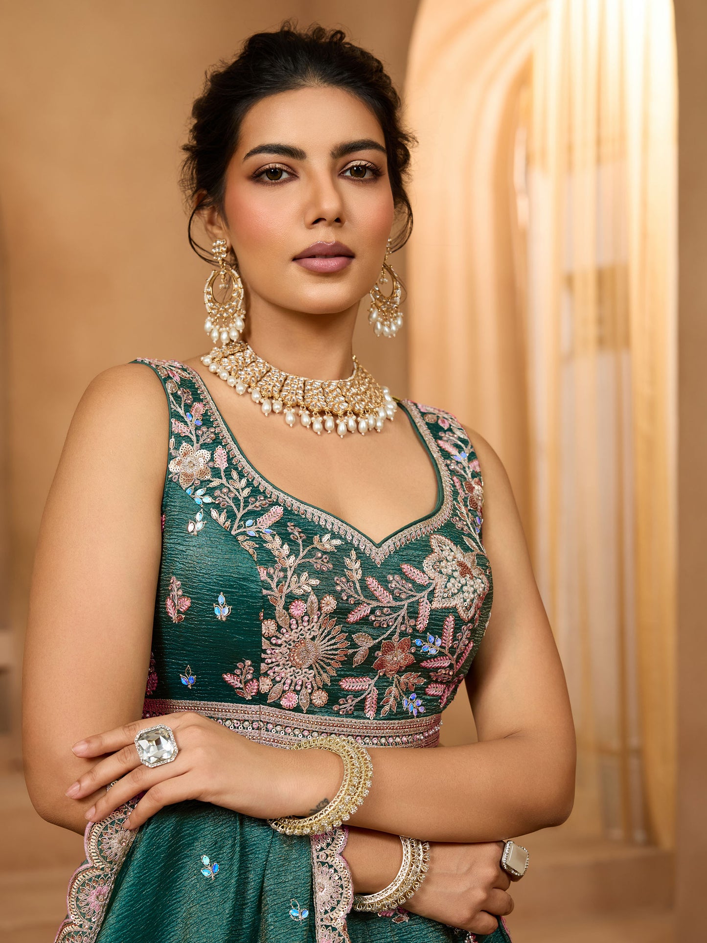 Dark Green Tissue Sequins Embroidery Bridesmaid Lehenga for Mehendi