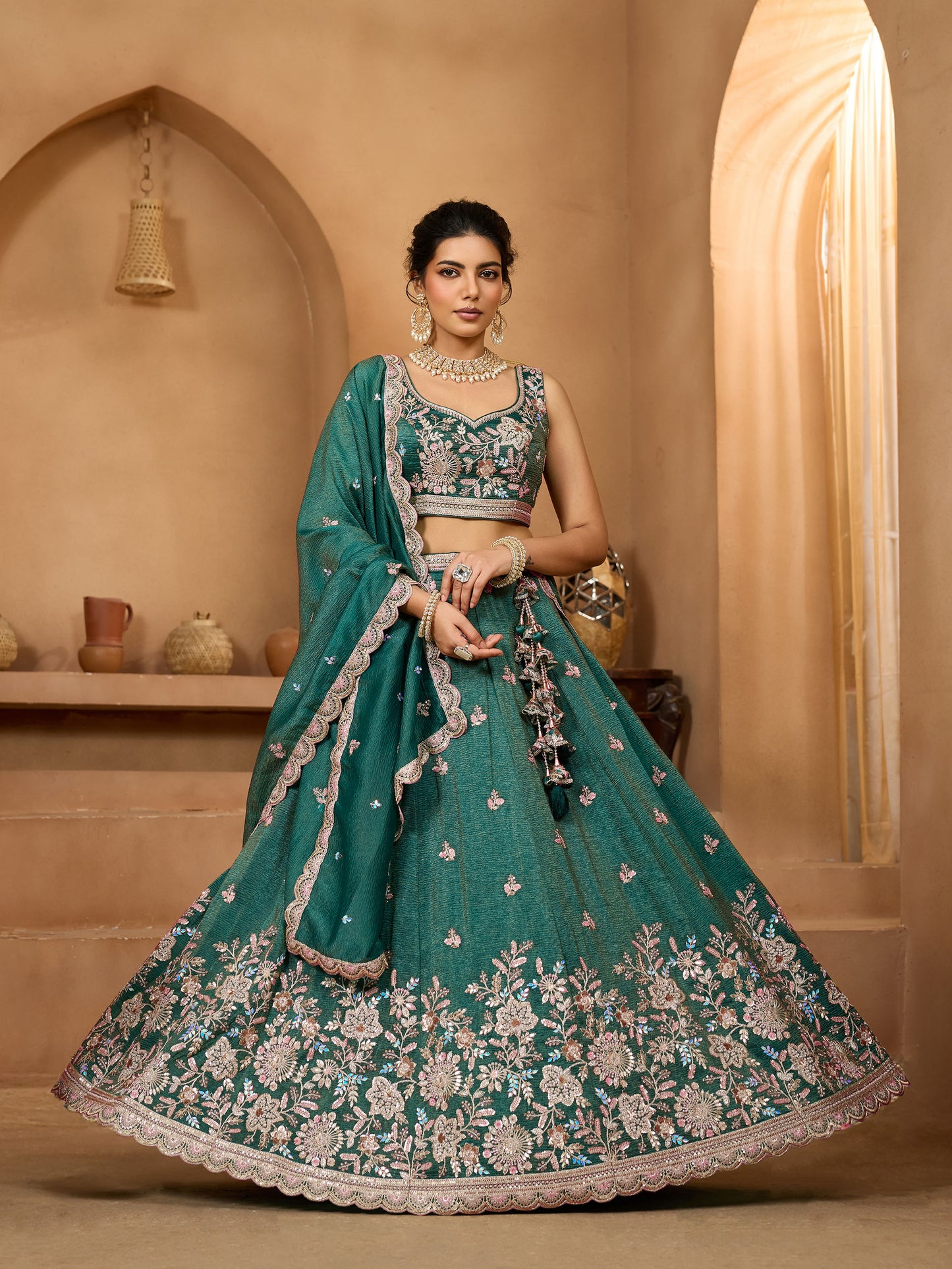 Dark Green Tissue Sequins Embroidery Bridesmaid Lehenga for Mehendi