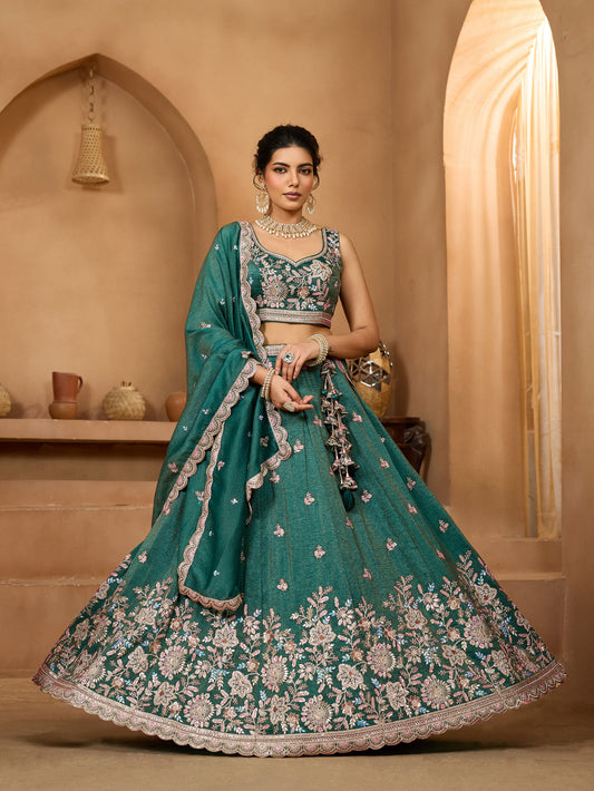 Dark Green Tissue Sequins Embroidery Bridesmaid Lehenga for Mehendi