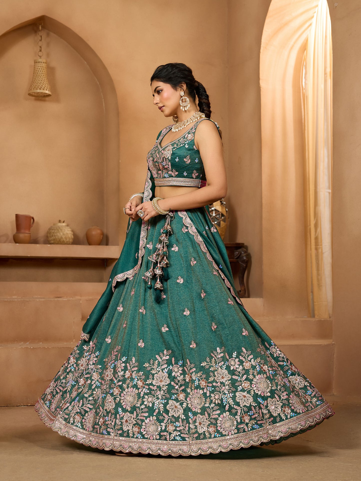 Dark Green Tissue Sequins Embroidery Bridesmaid Lehenga for Mehendi