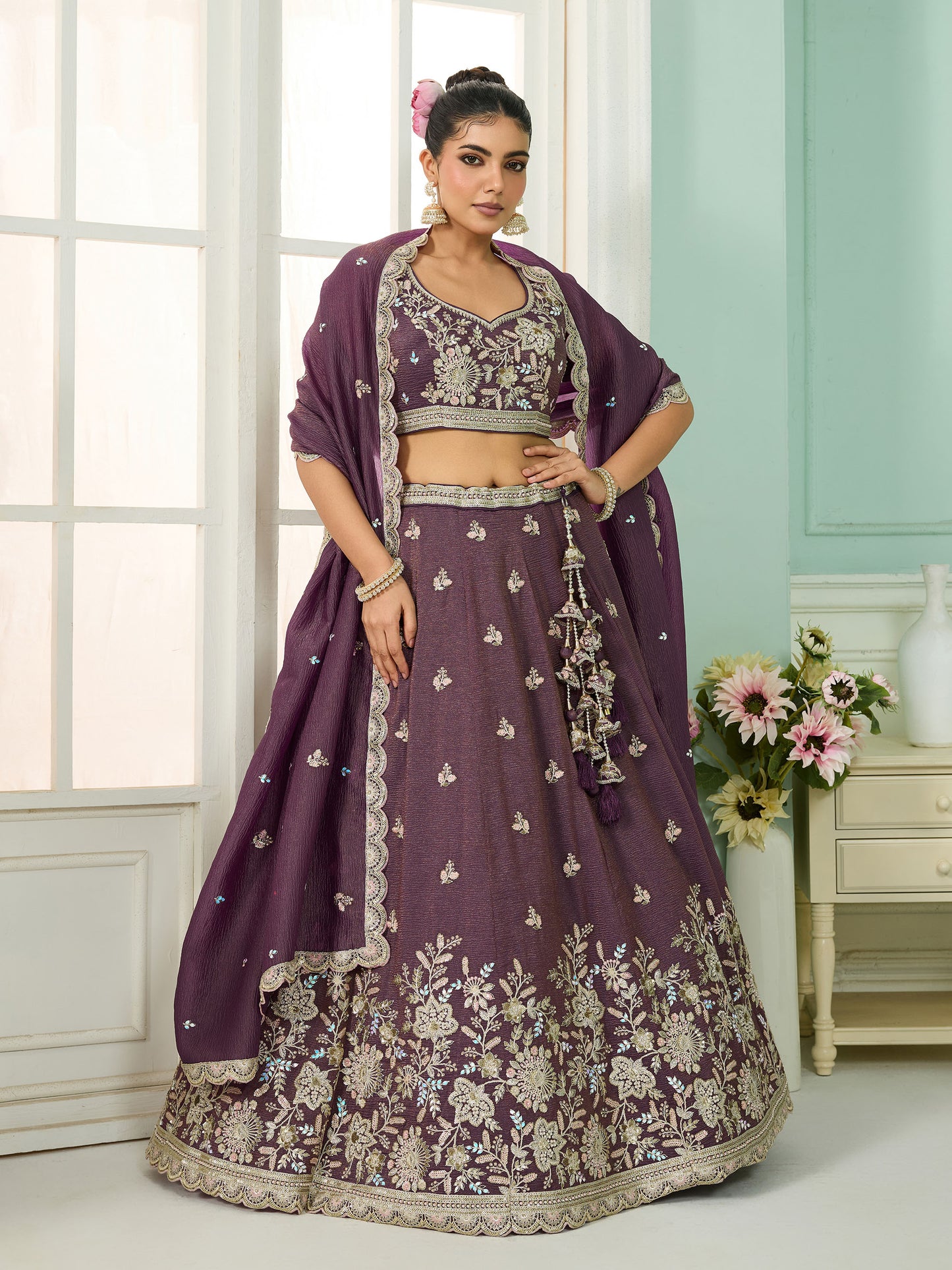 Dark Purple Tissue Sequins Embroidery Reception Lehenga